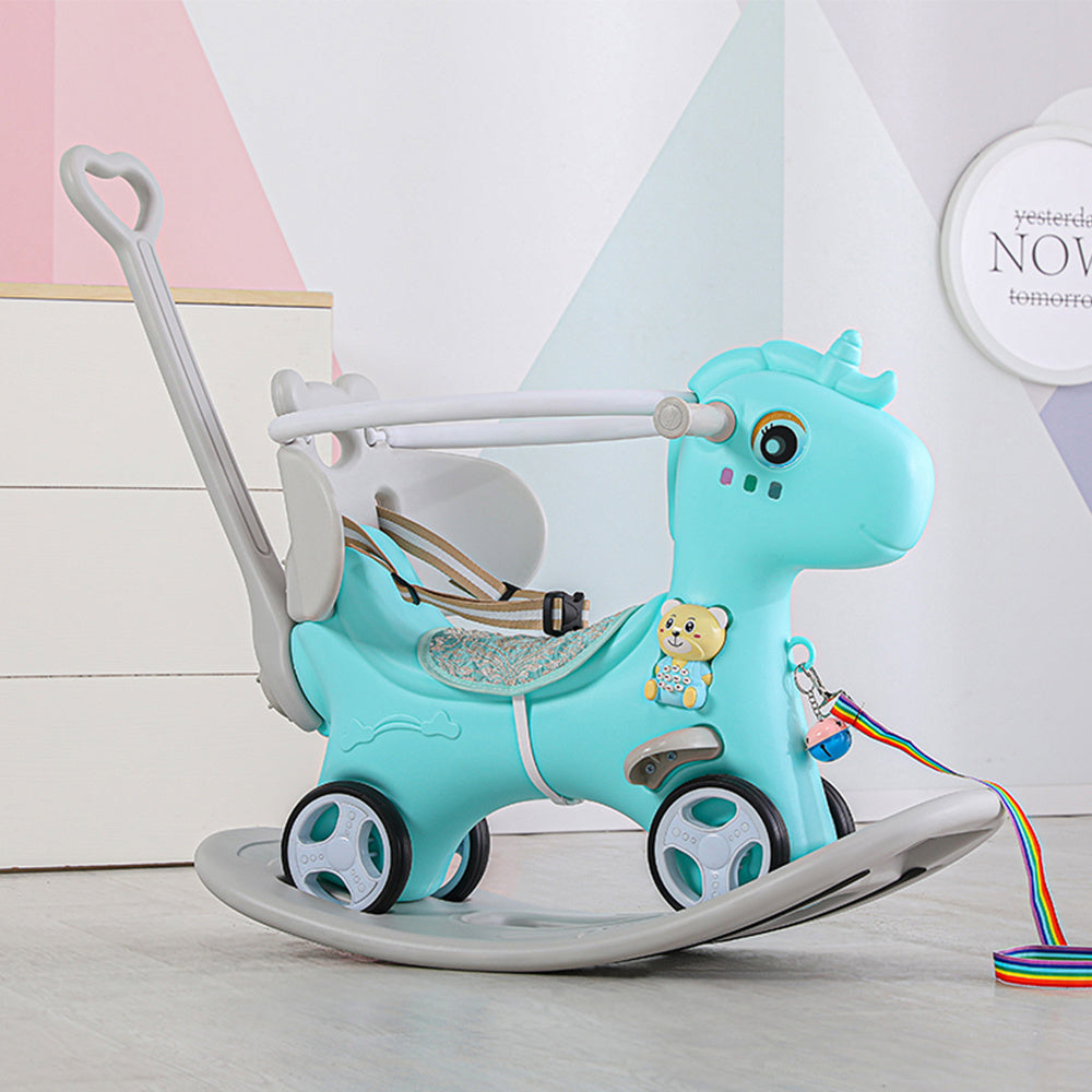 Rocking Horse for Toddlers, Balance Bike Ride On Toys with Push Handle, Backrest and Balance Board for Baby Girl and Boy, Unicorn Kids Riding Birthday (Blue) - VINE GLOBAL