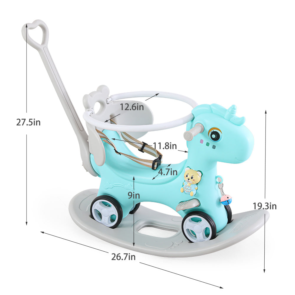 Rocking Horse for Toddlers, Balance Bike Ride On Toys with Push Handle, Backrest and Balance Board for Baby Girl and Boy, Unicorn Kids Riding Birthday (Blue) - VINE GLOBAL