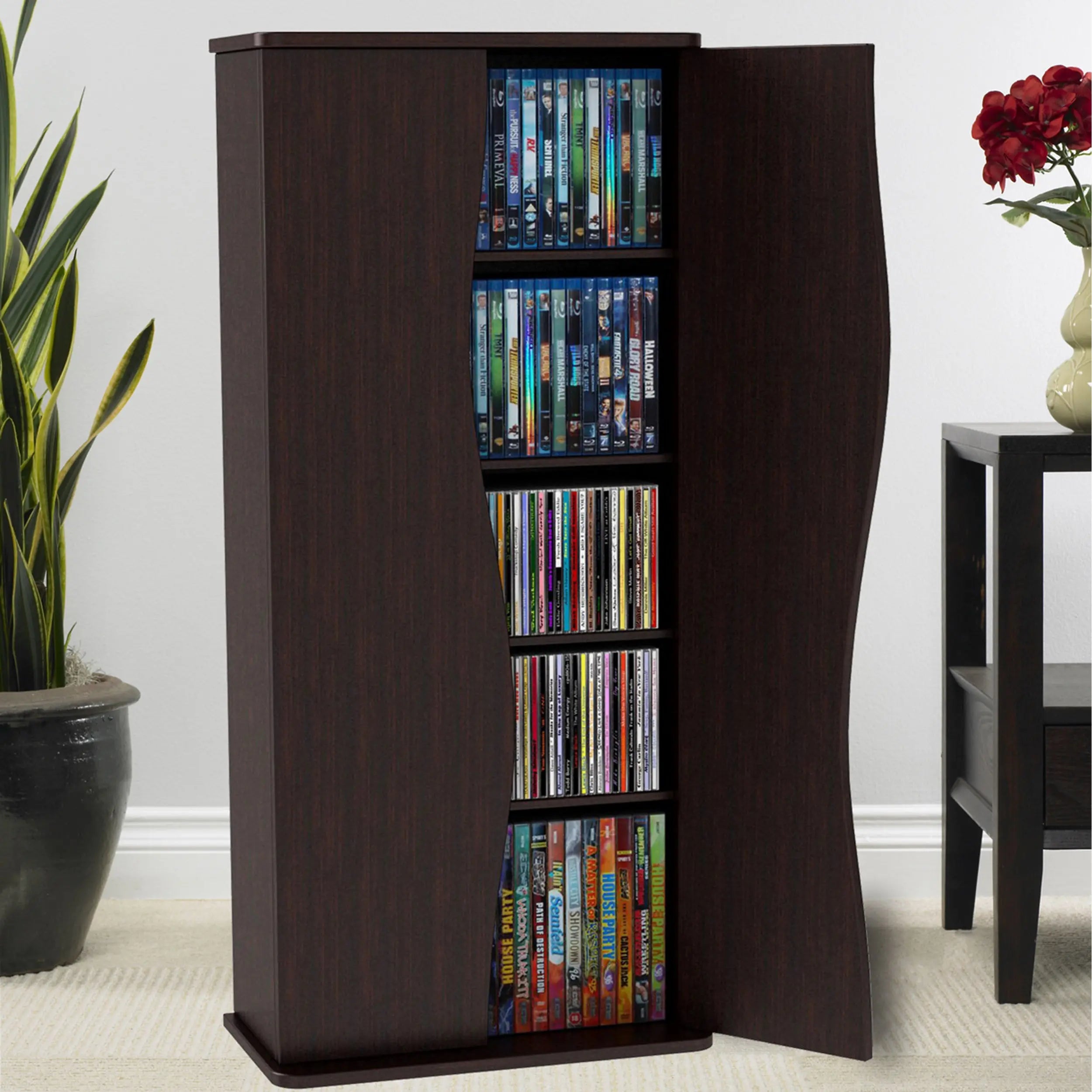 Multimedia Cabinet, 5 Sliding Dividers, Push to Open Magnetic Doors, 2 Fixed Shelves, 4 Adjustable Shelves in Espresso Brown - VINE GLOBAL