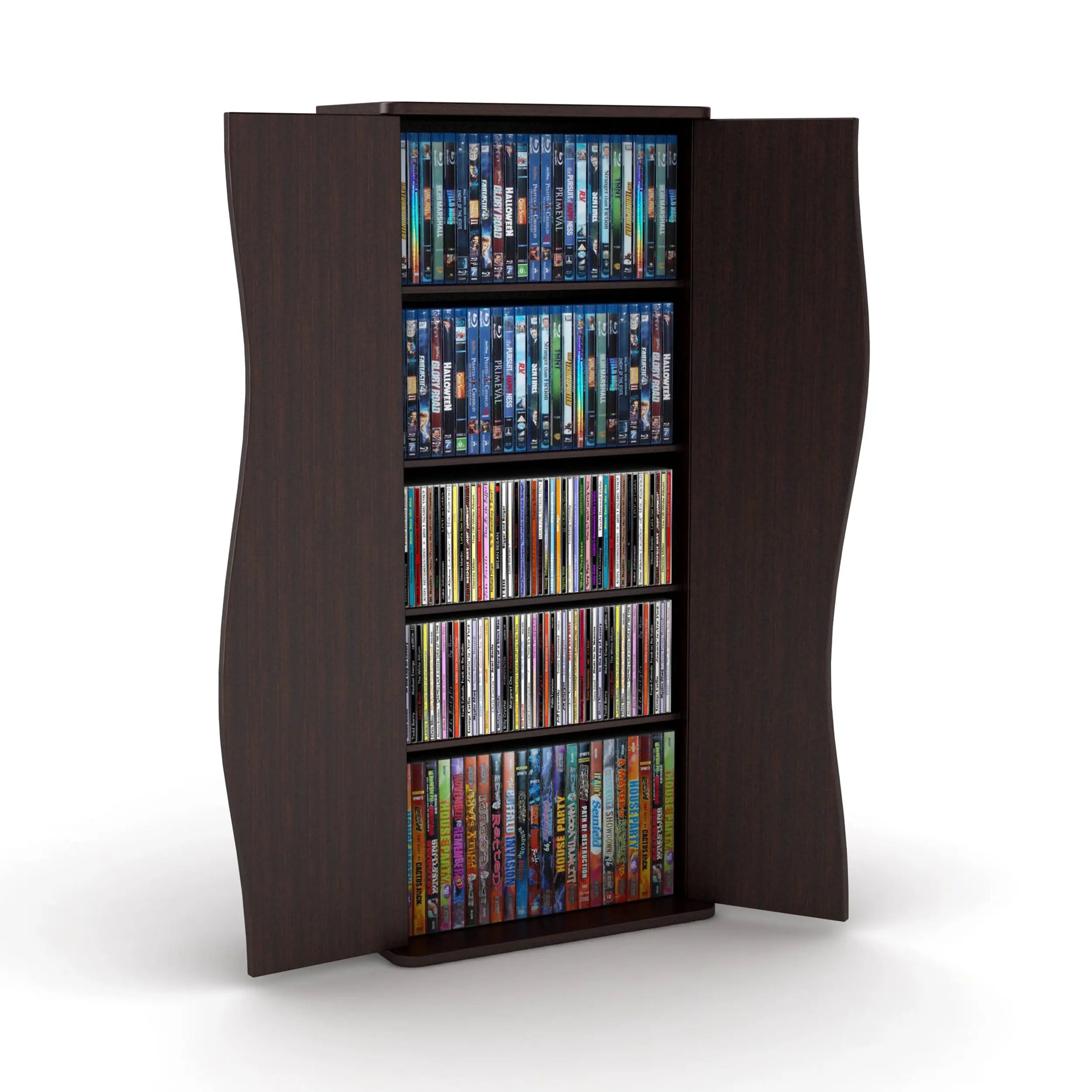 Multimedia Cabinet, 5 Sliding Dividers, Push to Open Magnetic Doors, 2 Fixed Shelves, 4 Adjustable Shelves in Espresso Brown - VINE GLOBAL