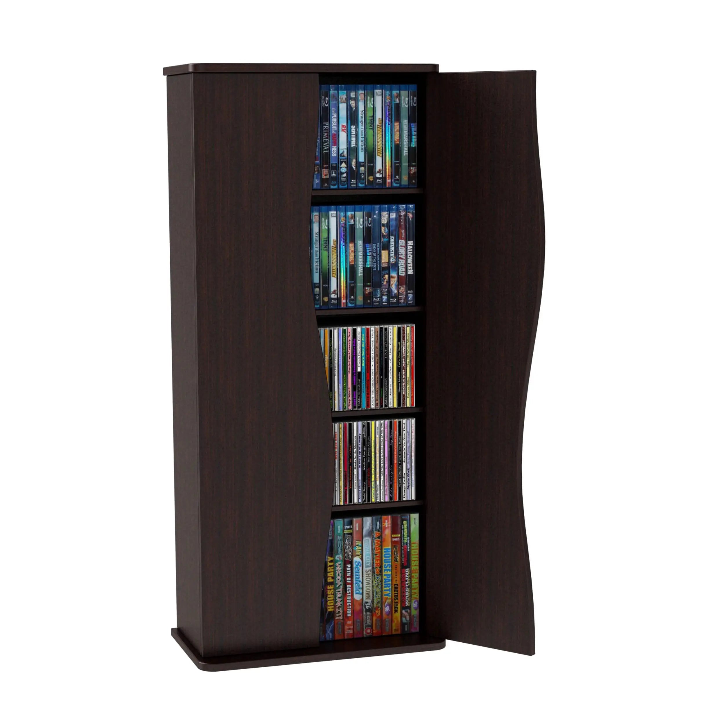 Multimedia Cabinet, 5 Sliding Dividers, Push to Open Magnetic Doors, 2 Fixed Shelves, 4 Adjustable Shelves in Espresso Brown - VINE GLOBAL