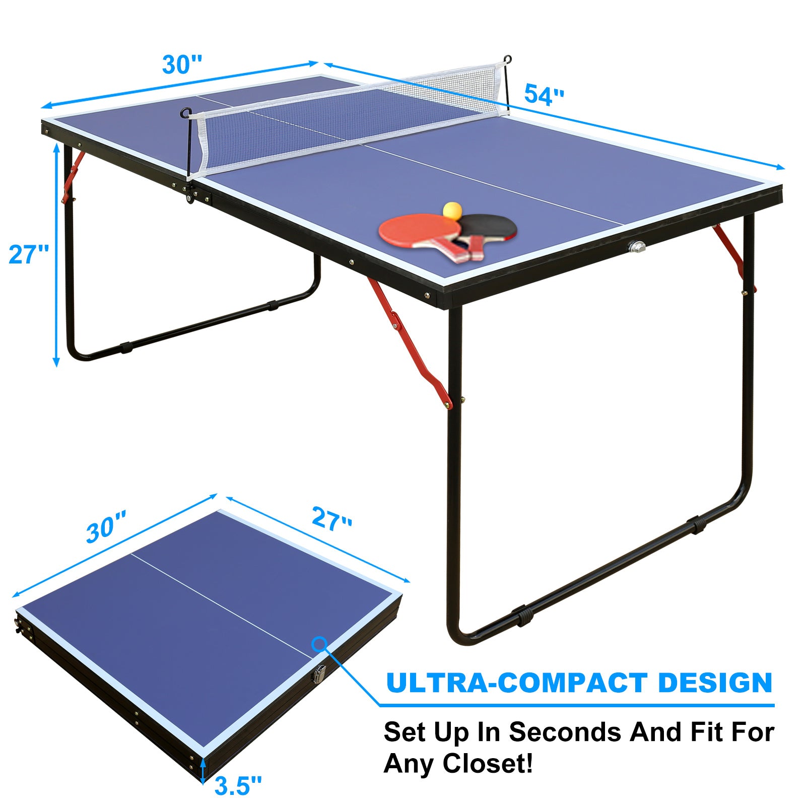Table Tennis Table Foldable & Portable Ping Pong Table Set with Net and 2 Ping Pong Paddles for Indoor Outdoor Game - VINE GLOBAL