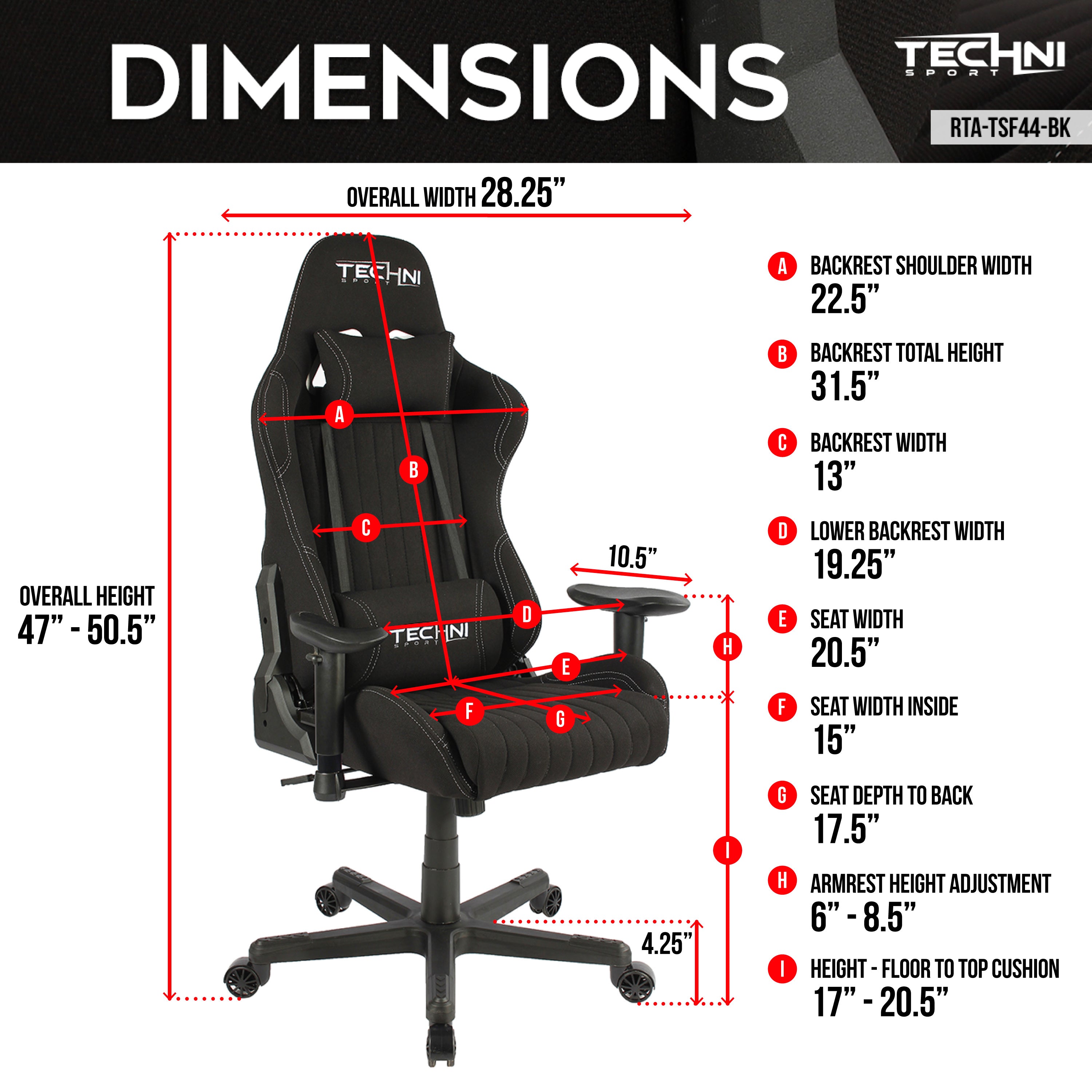 Techni Sport TS-F44 Fabric Ergonomic High Back Racer Style PC Gaming Chair, Black - VINE GLOBAL