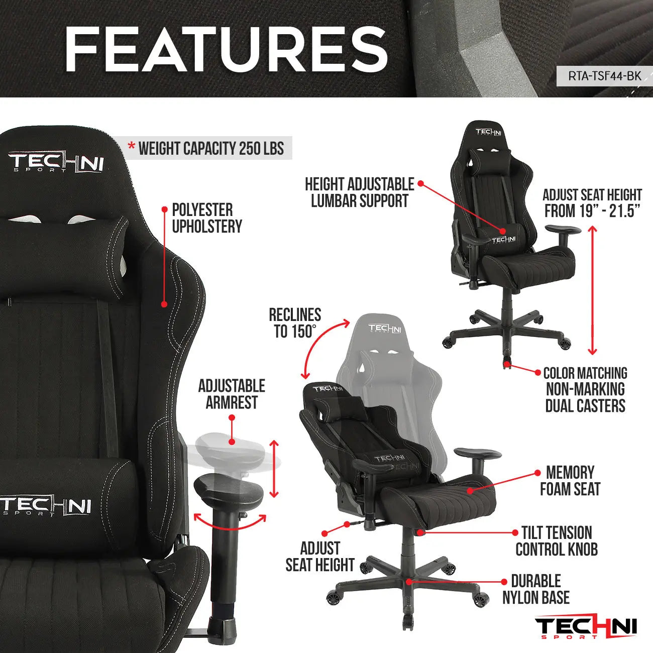 Techni Sport TS-F44 Fabric Ergonomic High Back Racer Style PC Gaming Chair, Black - VINE GLOBAL