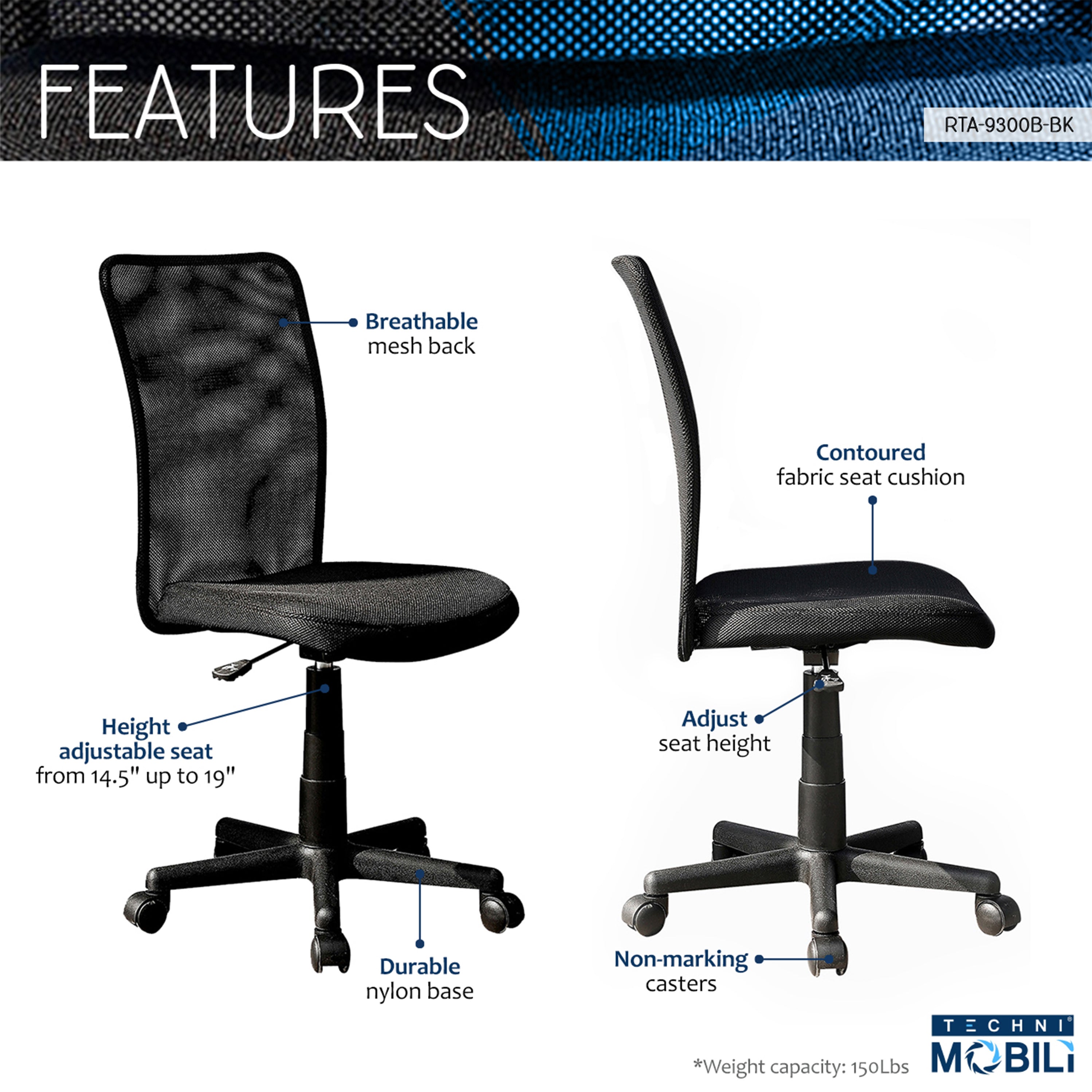 Techni Mobili Mesh Task Office Chair, Black - VINE GLOBAL