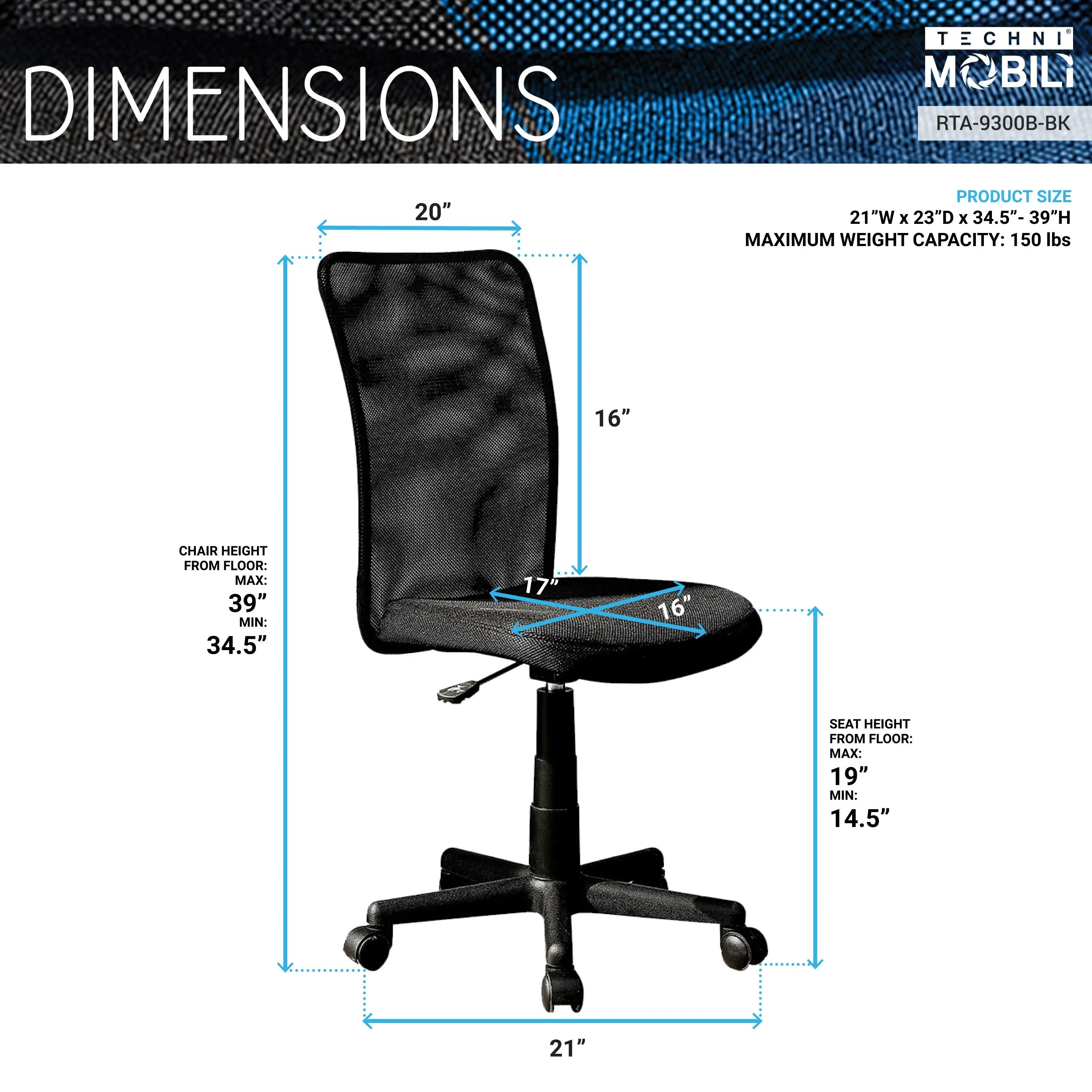 Techni Mobili Mesh Task Office Chair, Black - VINE GLOBAL