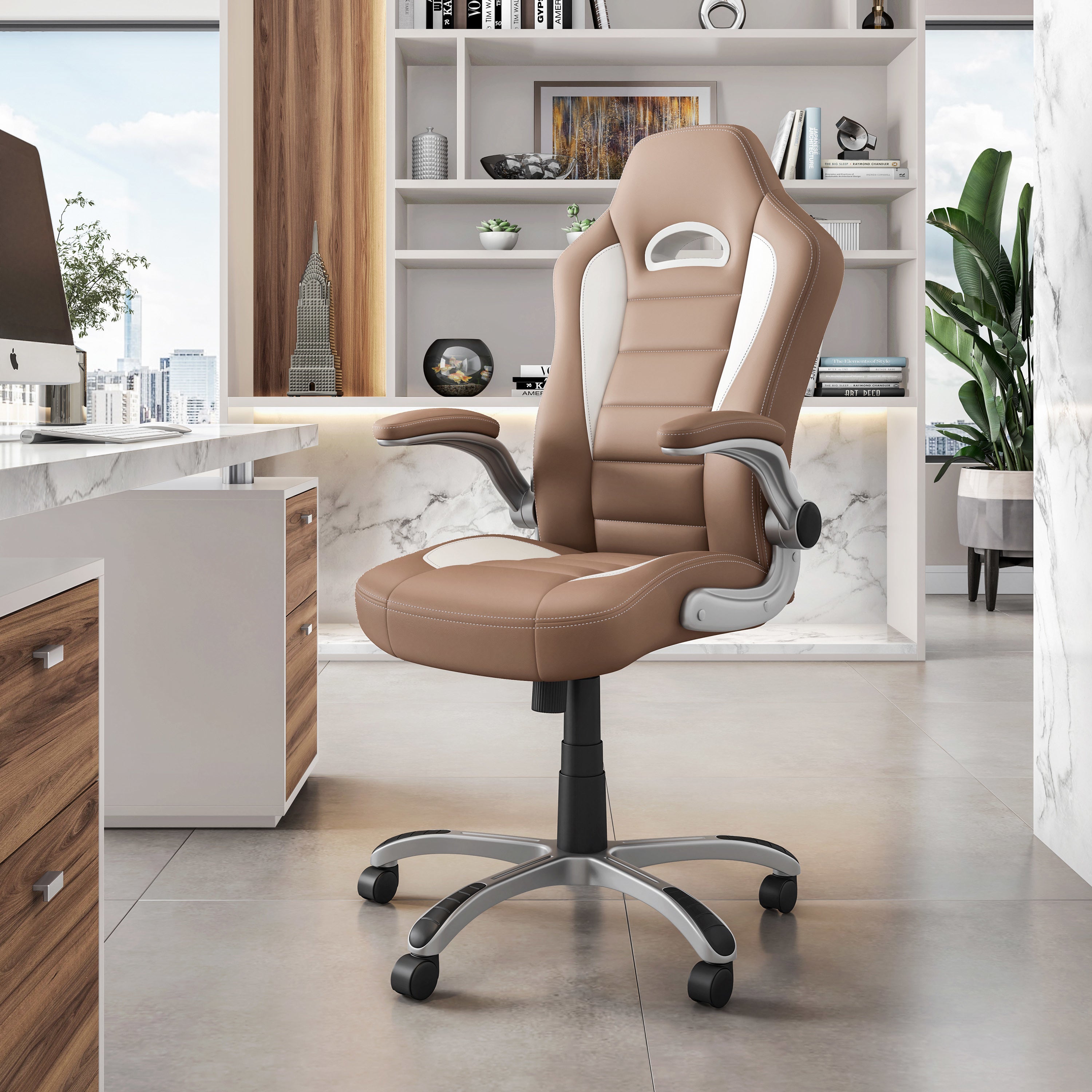 Techni Mobili High Back Executive Sport Race Office Chair with Flip-Up Arms, Camel - VINE GLOBAL