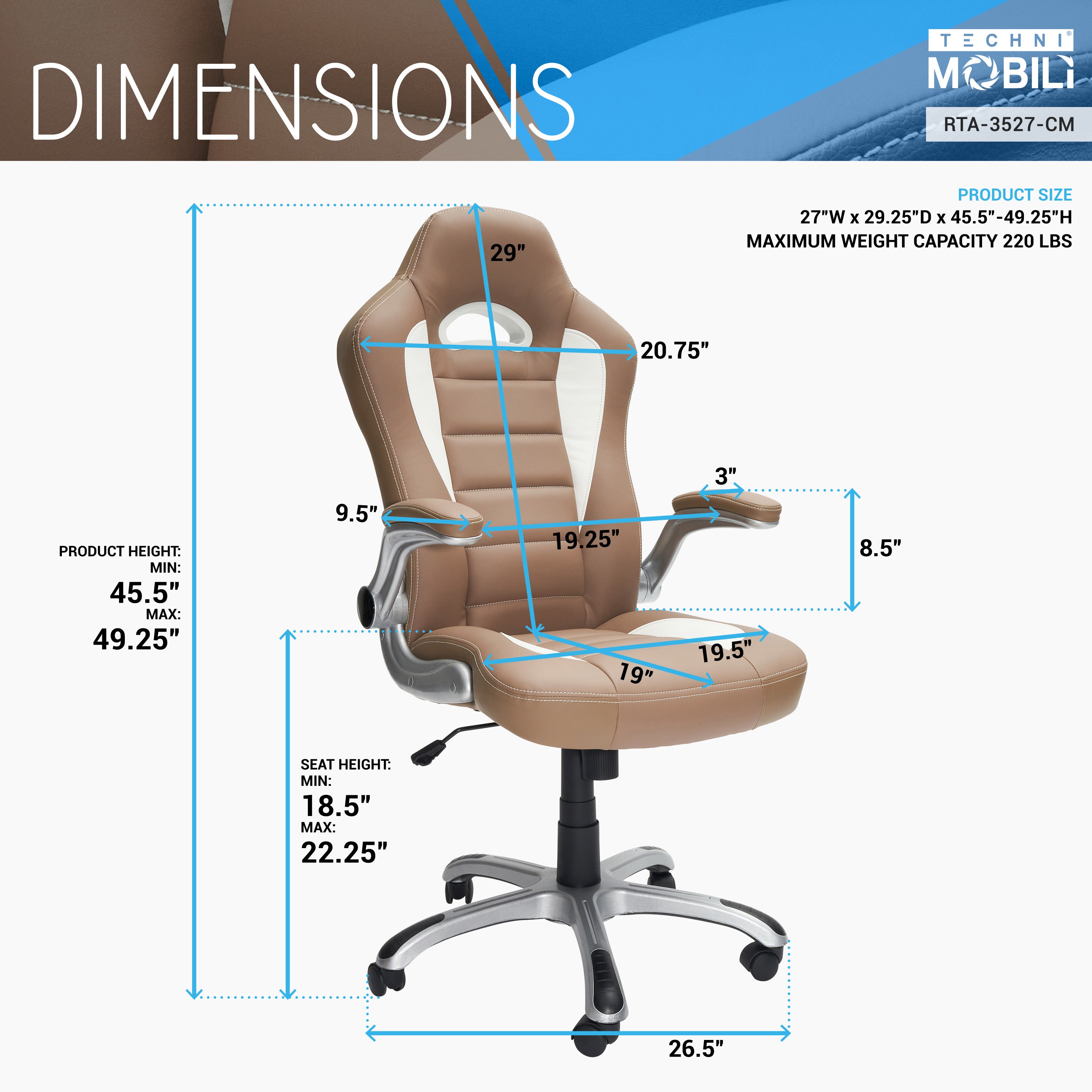 Techni Mobili High Back Executive Sport Race Office Chair with Flip-Up Arms, Camel - VINE GLOBAL