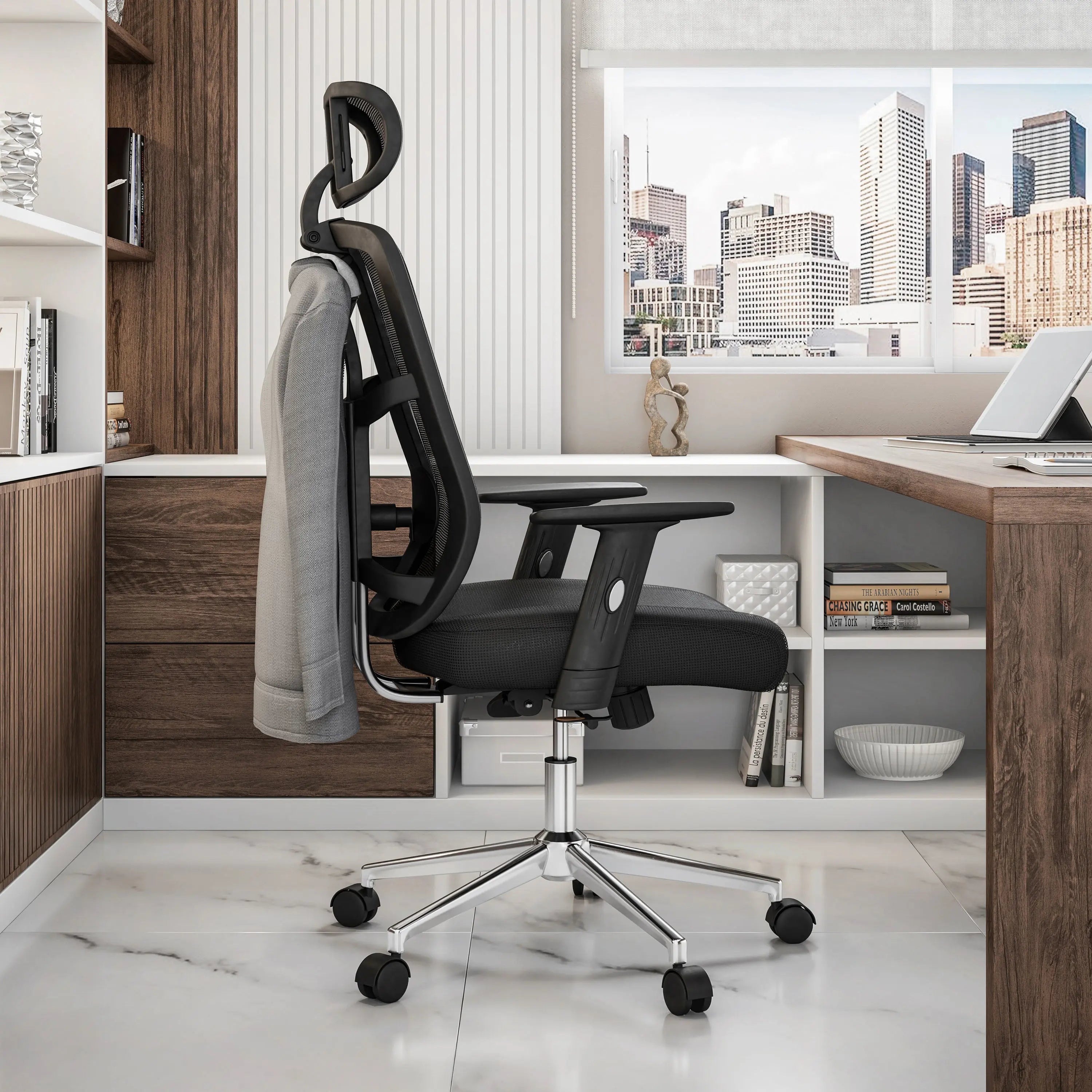 Techni Mobili High Back Executive Mesh Office Chair with Arms, Lumbar Support and Chrome Base, Black - VINE GLOBAL