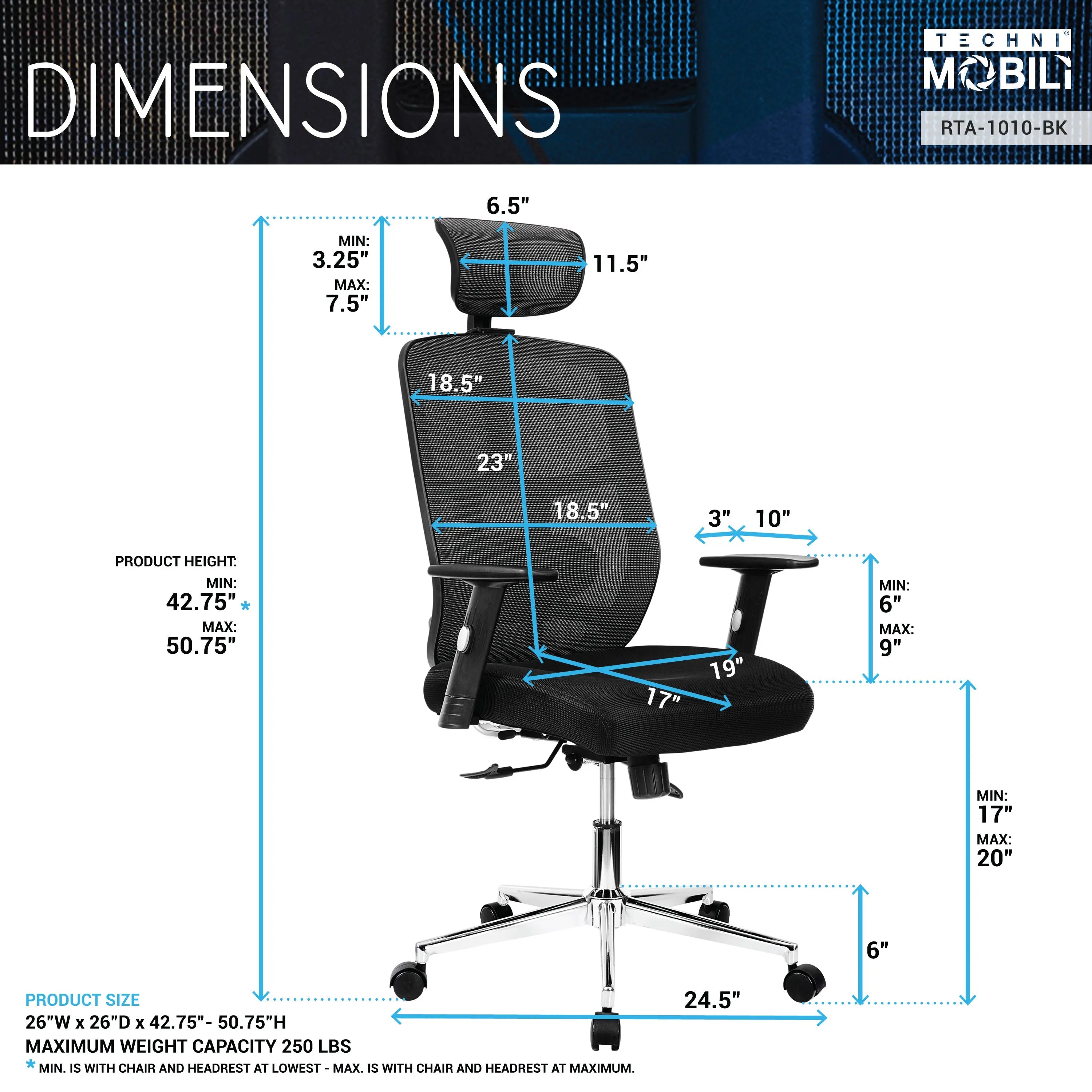 Techni Mobili High Back Executive Mesh Office Chair with Arms, Lumbar Support and Chrome Base, Black - VINE GLOBAL
