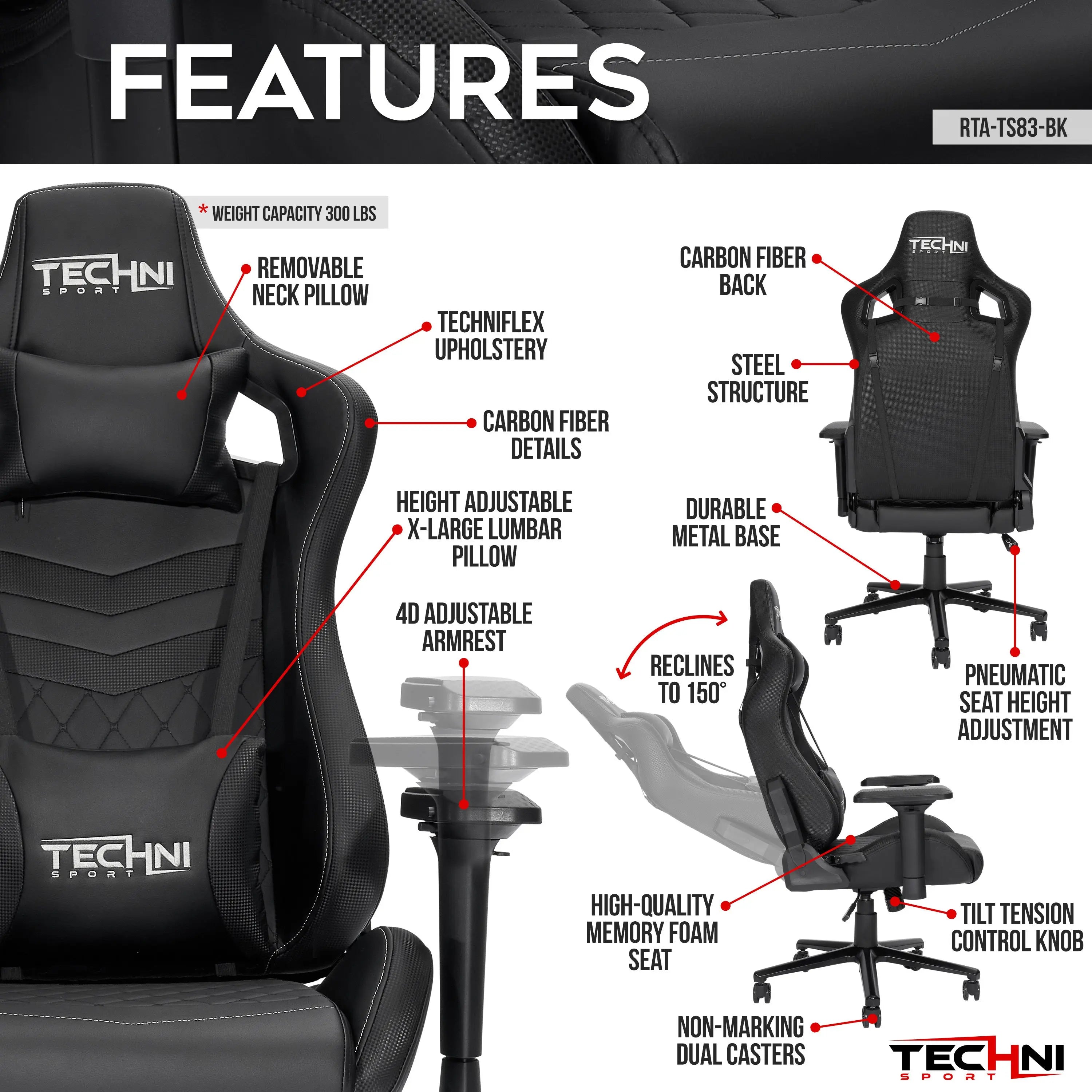 Techni Sport TS-83 Ergonomic High Back Racer Style PC Gaming Chair, Black - VINE GLOBAL