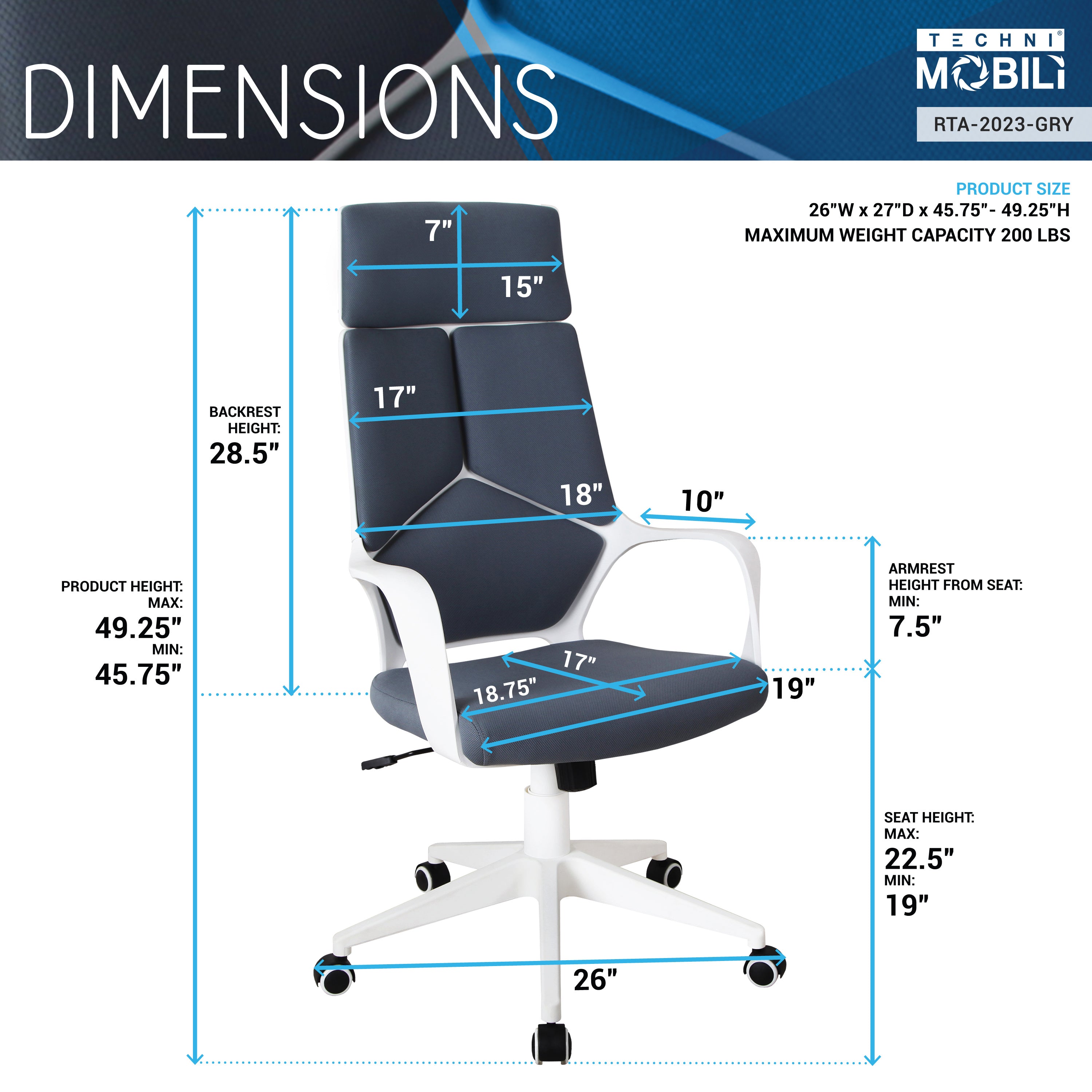 Techni Mobili Modern Studio Office Chair, Grey/White - VINE GLOBAL