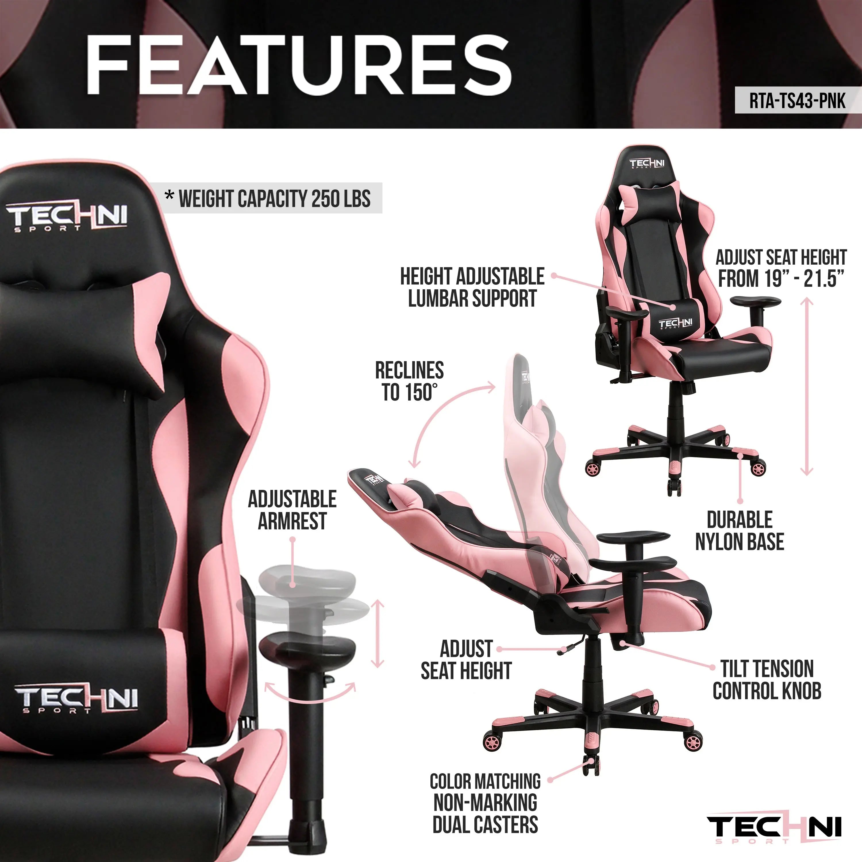 Techni Sport TS-4300 Ergonomic High Back Racer Style PC Gaming Chair, Pink - VINE GLOBAL