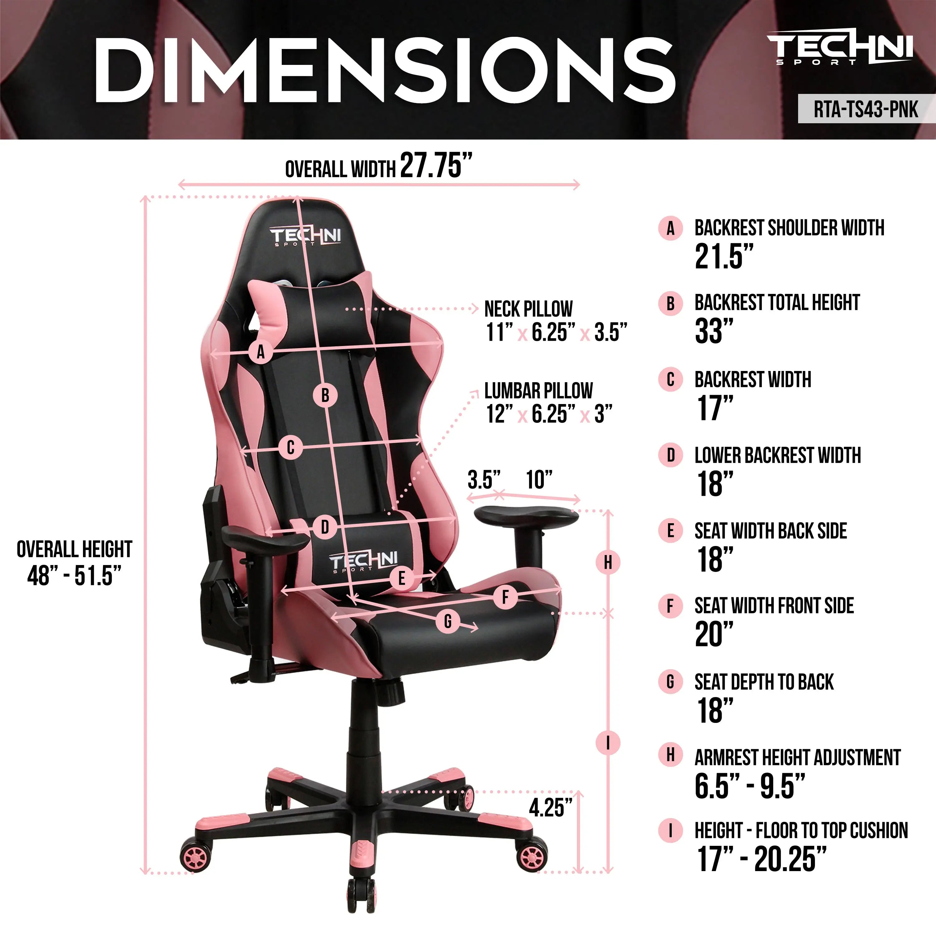 Techni Sport TS-4300 Ergonomic High Back Racer Style PC Gaming Chair, Pink - VINE GLOBAL