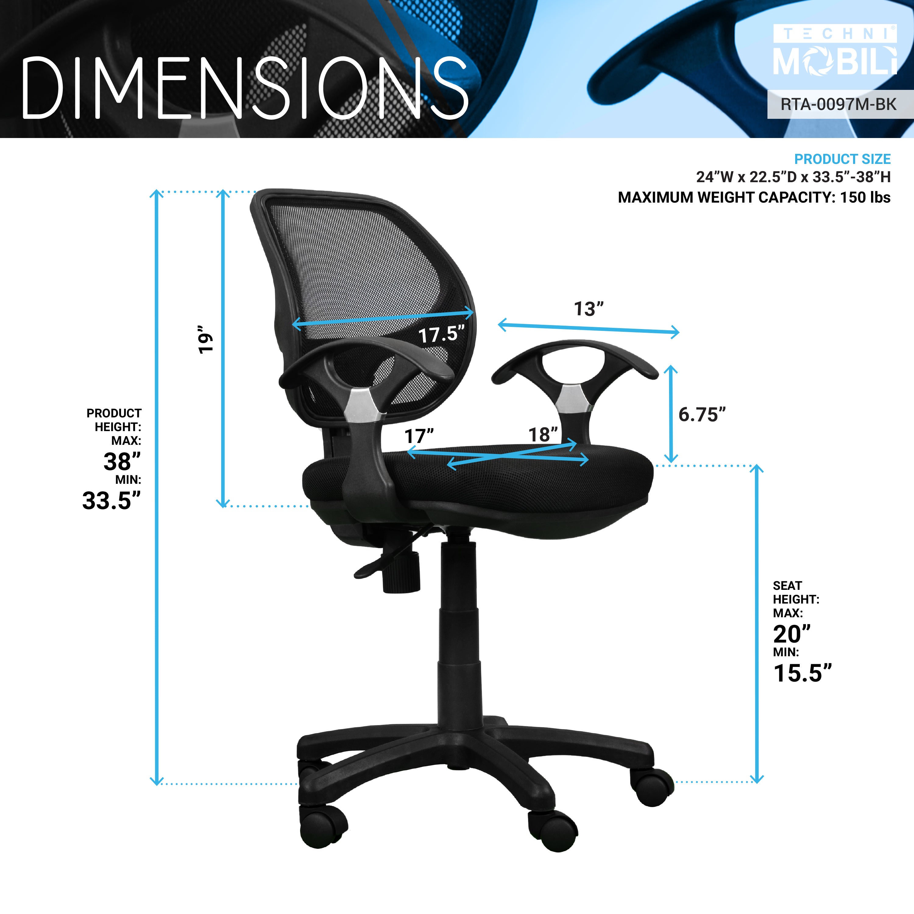 Techni Mobili Midback Mesh Task Office Chair, Black - VINE GLOBAL