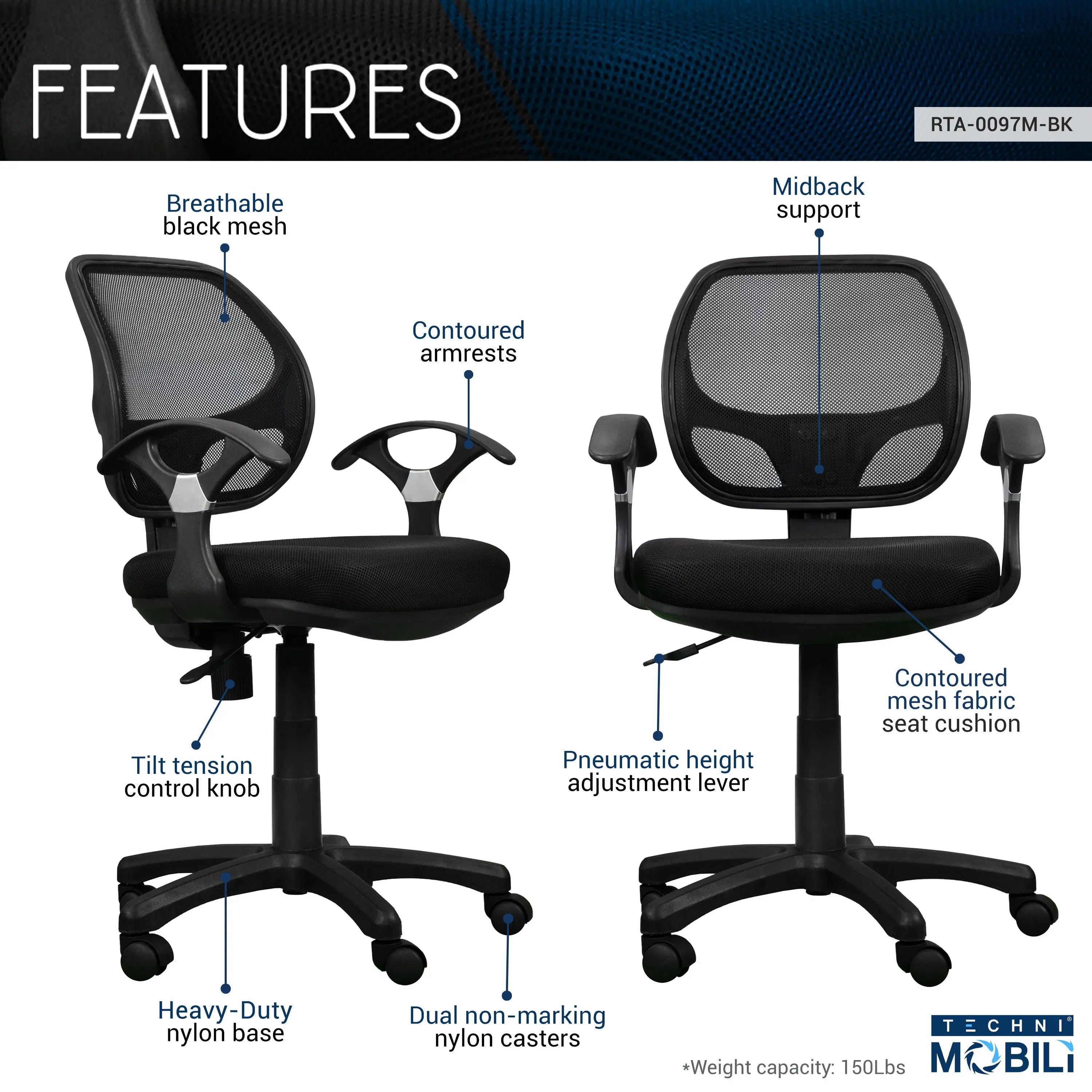 Techni Mobili Midback Mesh Task Office Chair, Black - VINE GLOBAL