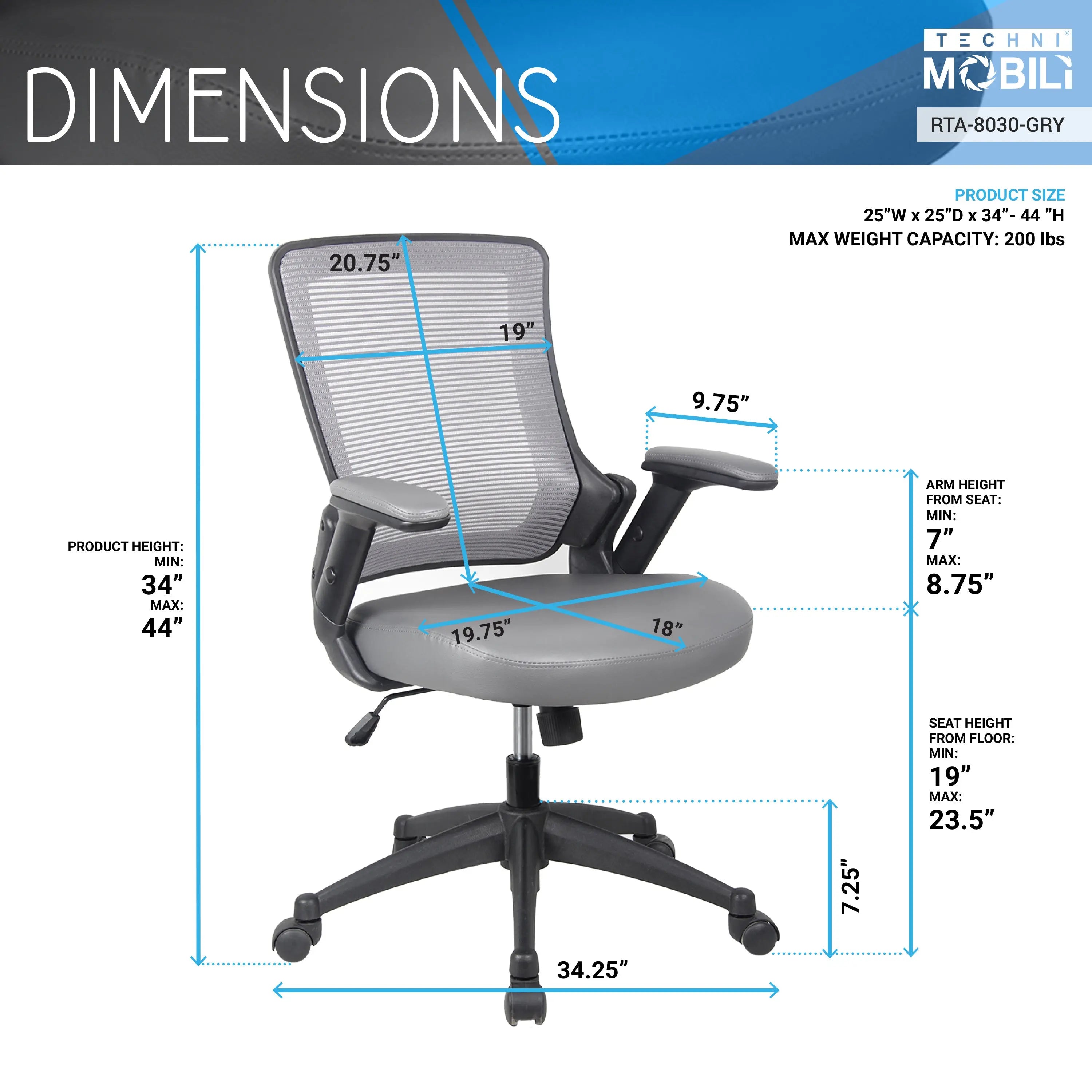 Techni Mobili Mid-Back Mesh Task Office Chair with Height Adjustable Arms, Grey - VINE GLOBAL