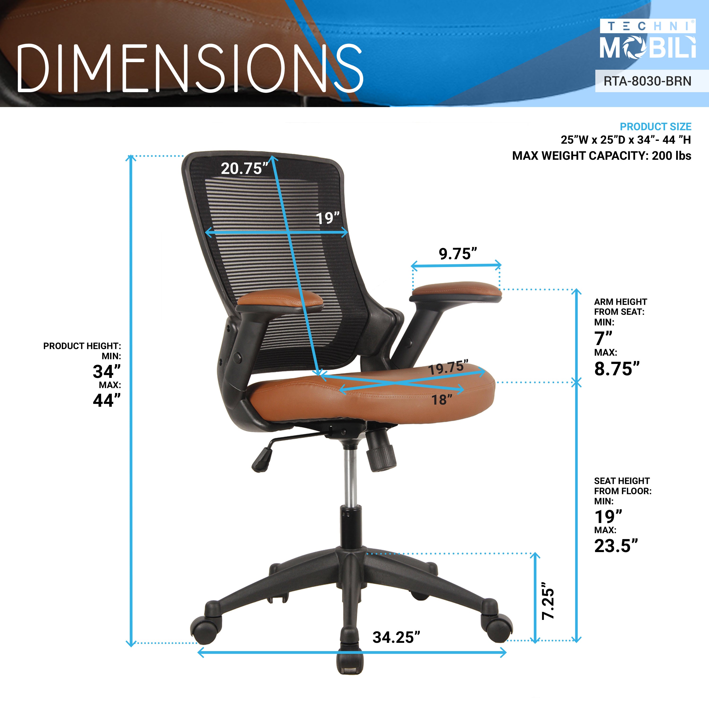 Techni Mobili Mid-Back Mesh Task Office Chair with Height Adjustable Arms, Brown - VINE GLOBAL