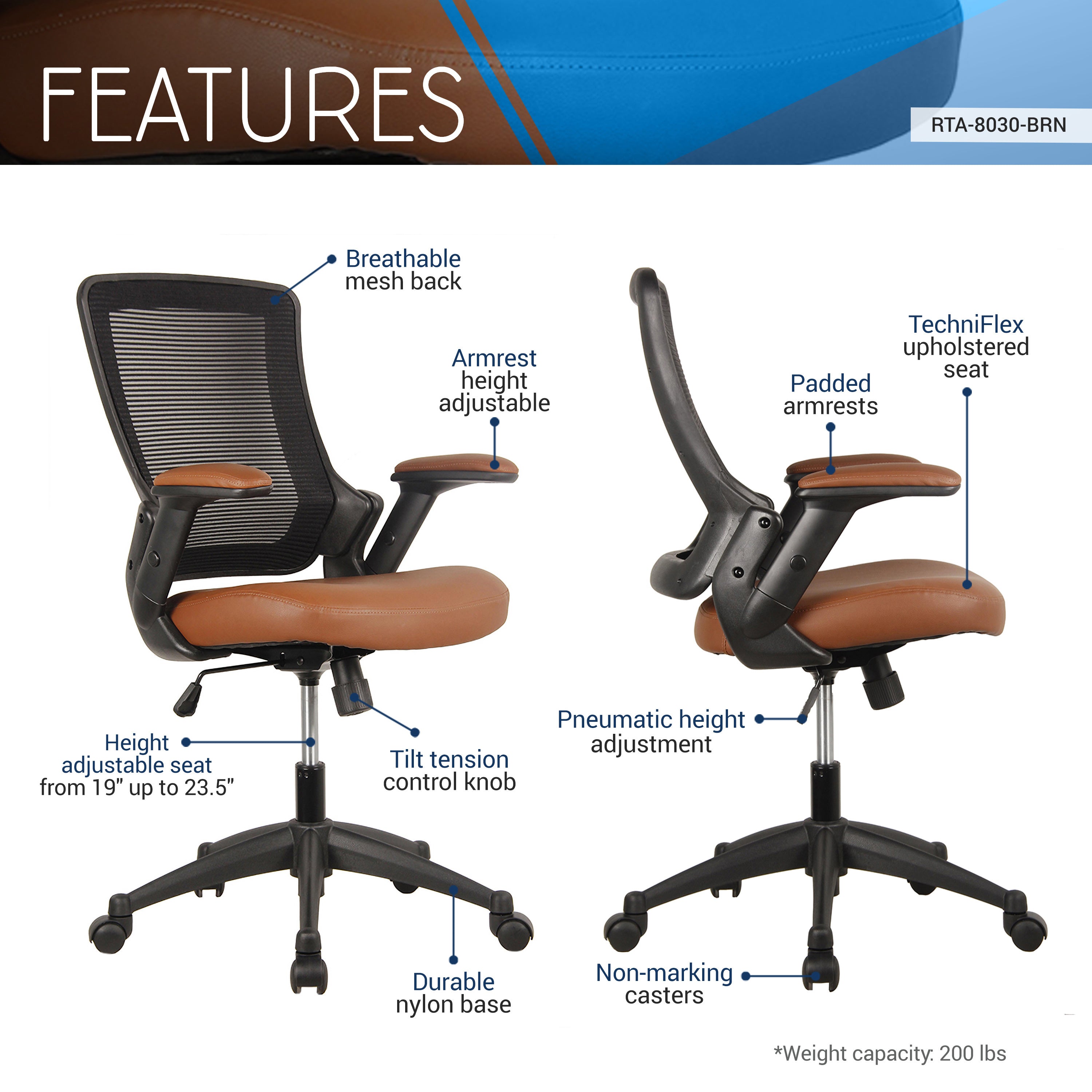 Techni Mobili Mid-Back Mesh Task Office Chair with Height Adjustable Arms, Brown - VINE GLOBAL