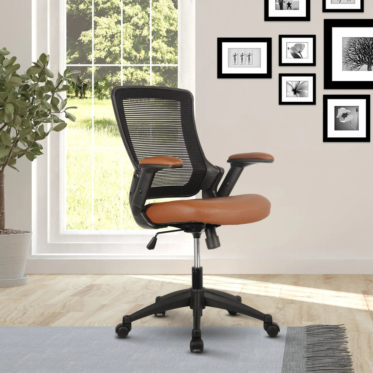 Techni Mobili Mid-Back Mesh Task Office Chair with Height Adjustable Arms, Brown - VINE GLOBAL