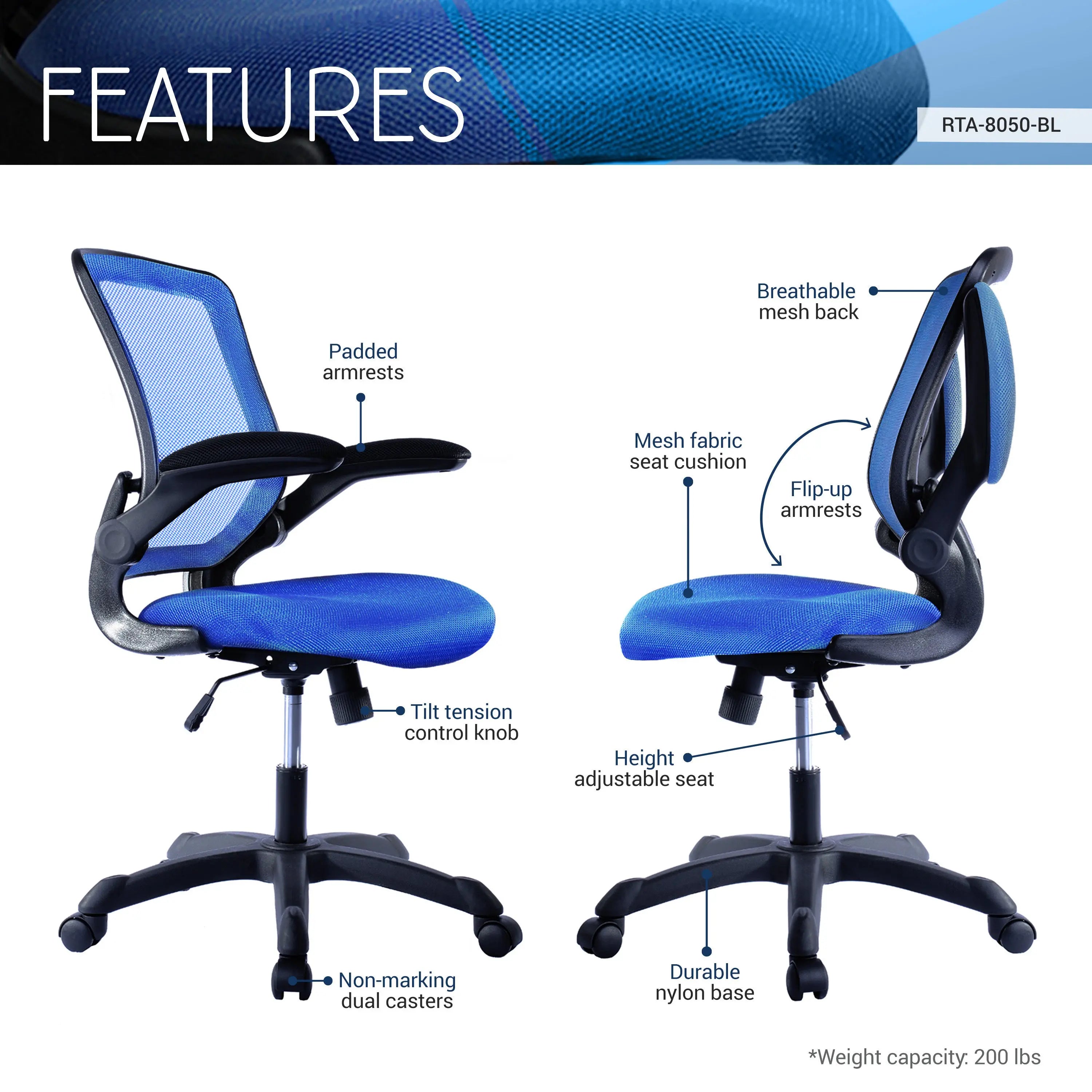 Techni Mobili Mesh Task Office Chair with Flip Up Arms, Blue - VINE GLOBAL