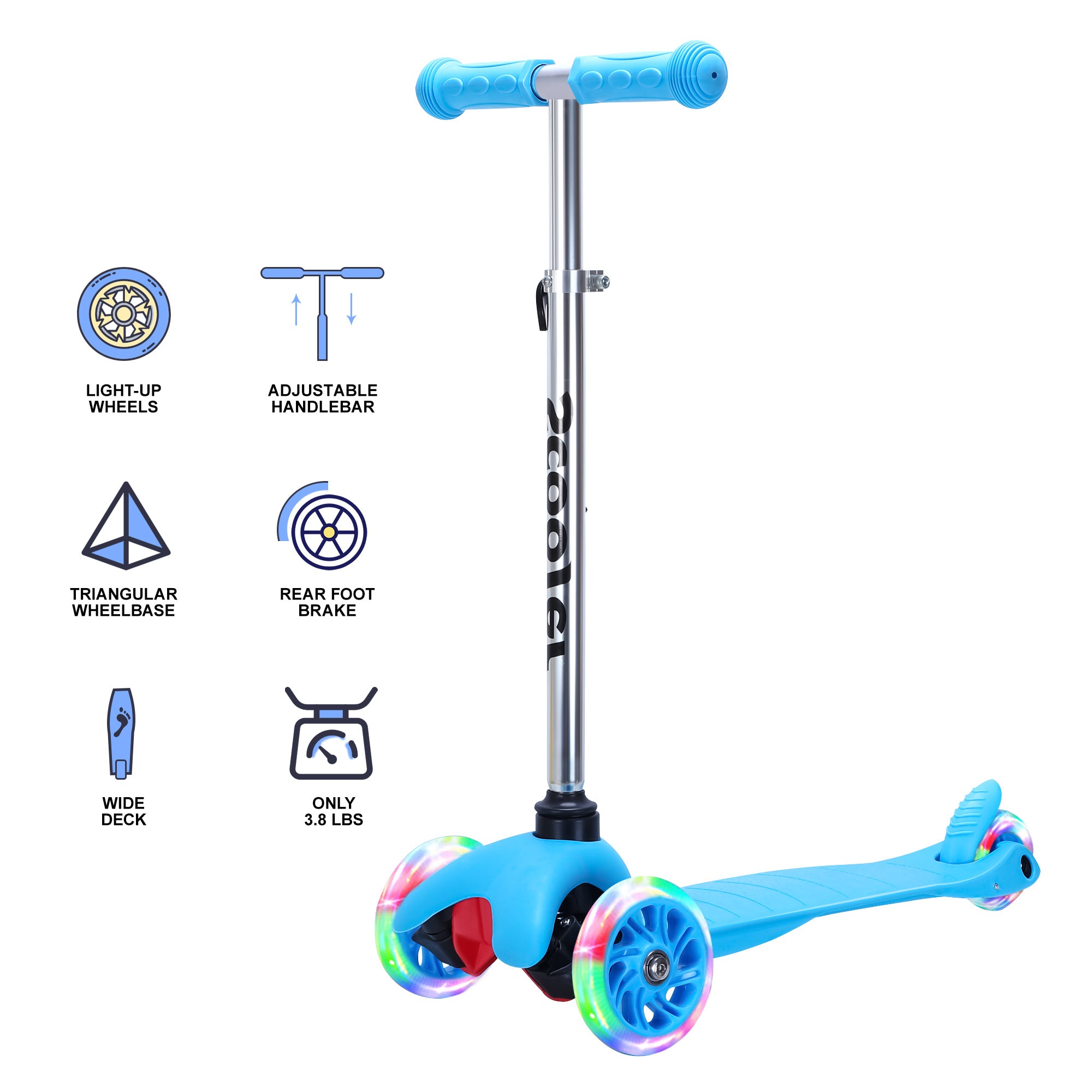 SimpleLux Kids Scooter - 4 Adjustable Height, Extra-Wide Deck with Brake & 3 PU Flashing Wheels, Over 3 Years Old,Blue - VINE GLOBAL