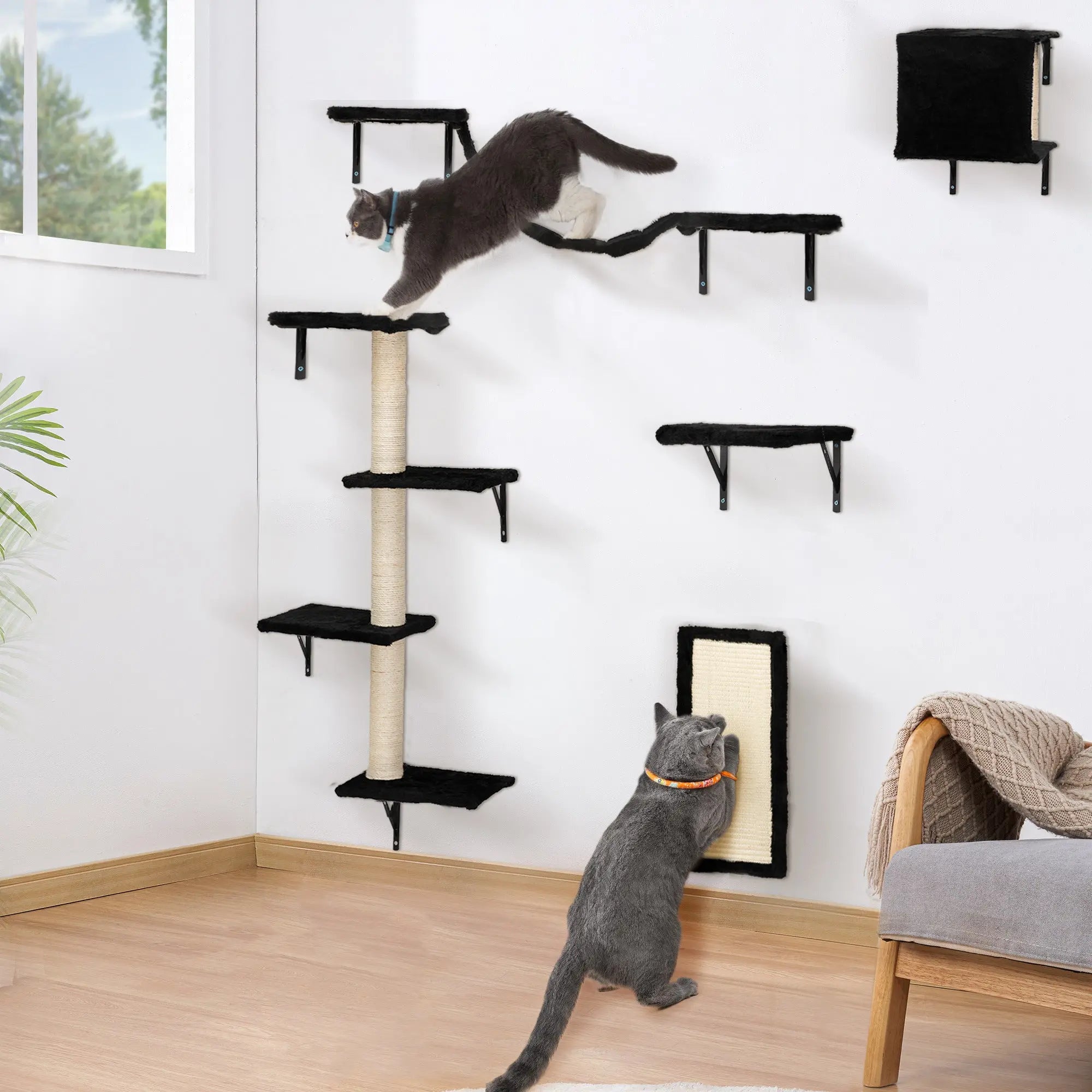5 Pcs Wall Mounted Cat Climber Set;  Floating Cat Shelves and Perches;  Cat Activity Tree with Scratching Posts;  Modern Cat Furniture - VINE GLOBAL
