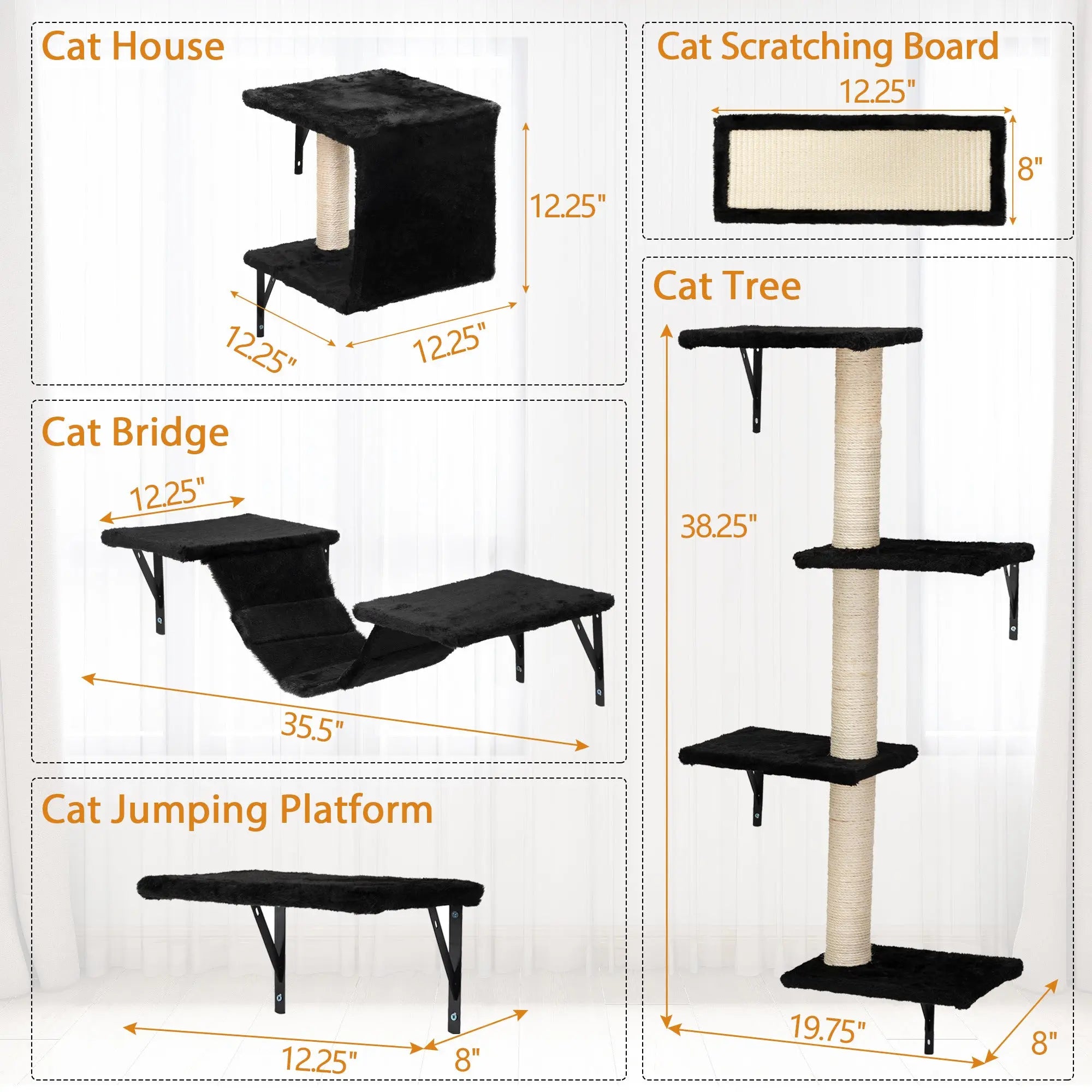 5 Pcs Wall Mounted Cat Climber Set;  Floating Cat Shelves and Perches;  Cat Activity Tree with Scratching Posts;  Modern Cat Furniture - VINE GLOBAL
