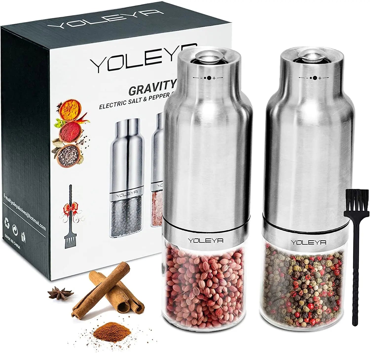 Gravity Electric Salt and Pepper Grinder Set - Automatic Pepper or Salt Mill Shaker, Spice Grinder Battery-Operated with Adjustable Coarseness,One Hand Operated,Utility Brush,Premium Stainless Steel - VINE GLOBAL