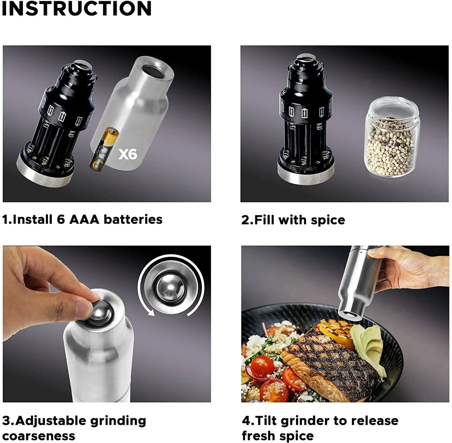 Gravity Electric Salt and Pepper Grinder Set - Automatic Pepper or Salt Mill Shaker, Spice Grinder Battery-Operated with Adjustable Coarseness,One Hand Operated,Utility Brush,Premium Stainless Steel - VINE GLOBAL