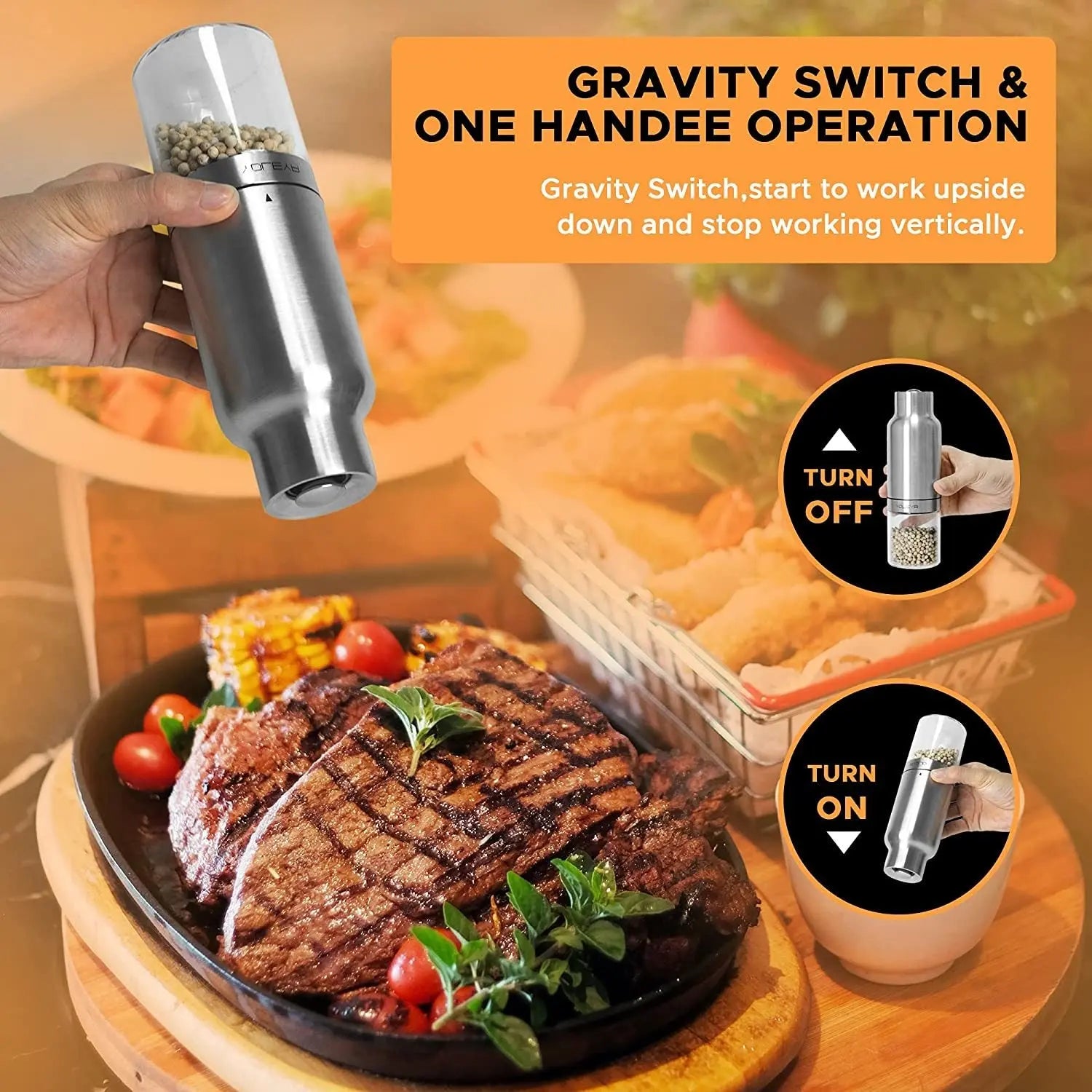 Gravity Electric Salt and Pepper Grinder Set - Automatic Pepper or Salt Mill Shaker, Spice Grinder Battery-Operated with Adjustable Coarseness,One Hand Operated,Utility Brush,Premium Stainless Steel - VINE GLOBAL