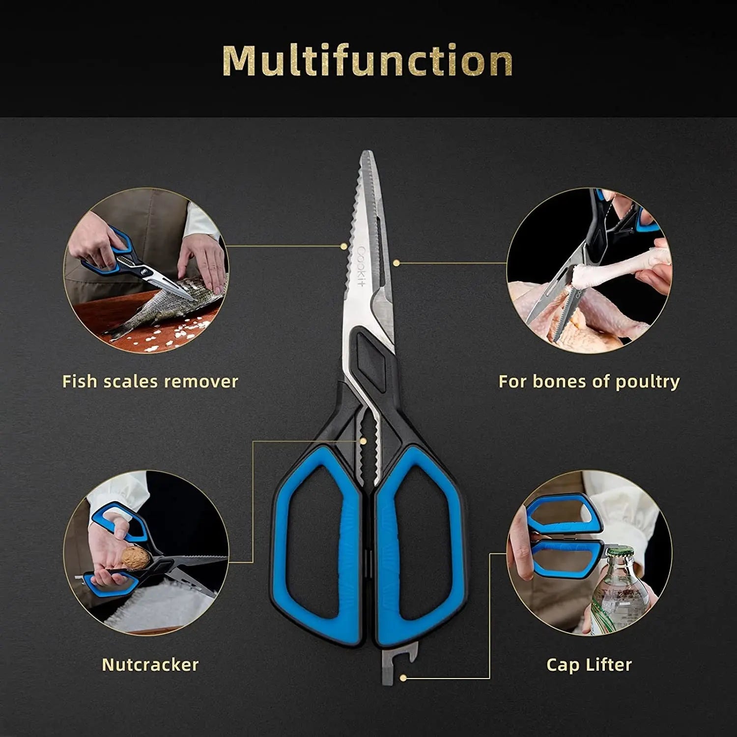 Kitchen Scissors;  Cookit Kitchen Shears Heavy Duty Stainless Steel Chef Shears Utility Come Apart Food Shears for Chicken Poultry Fish Meat Vegetables - VINE GLOBAL