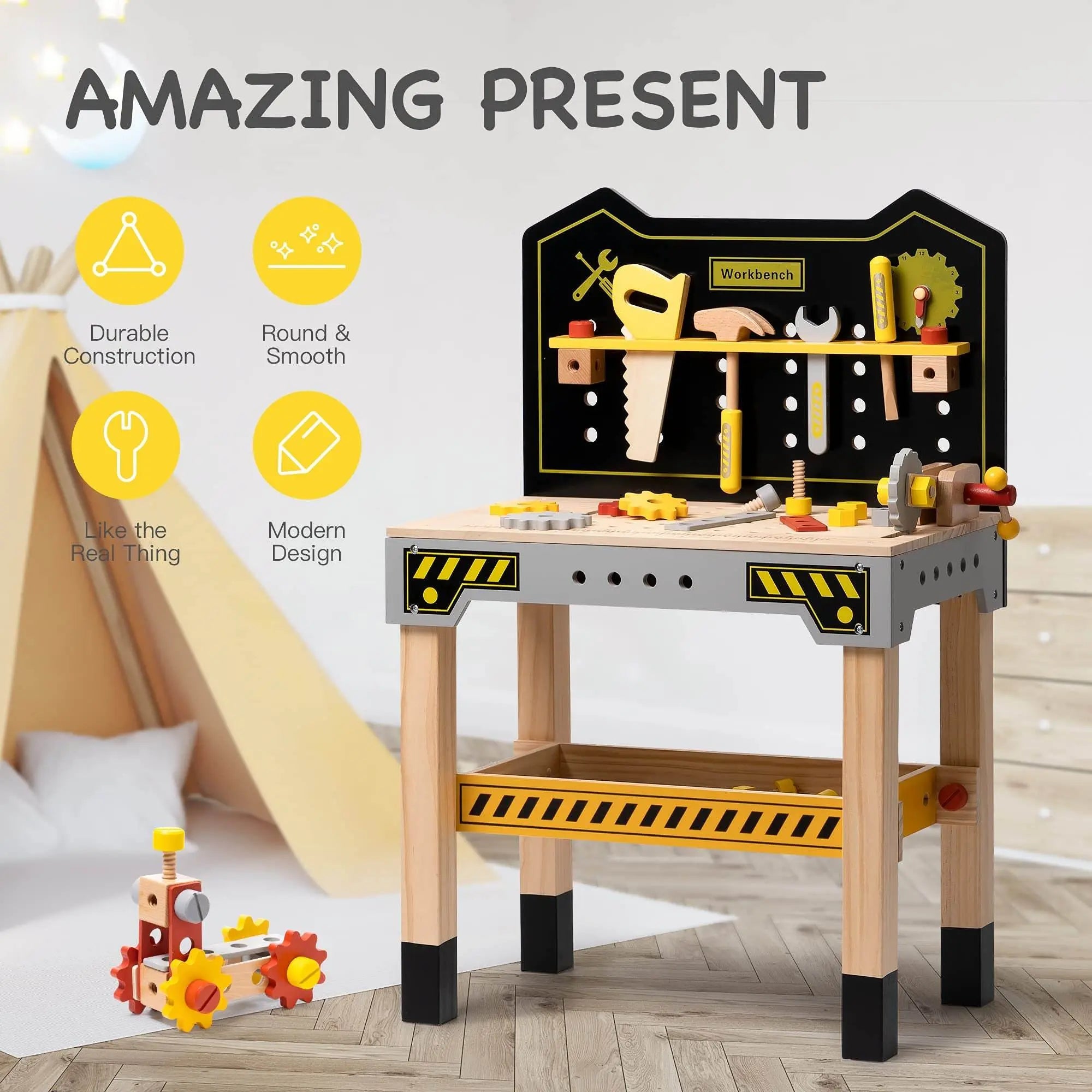 Wooden Tool Workbench Toy for Kids & Toddlers, Pretend Play Tool Toy Gift for Boys Girls - VINE GLOBAL