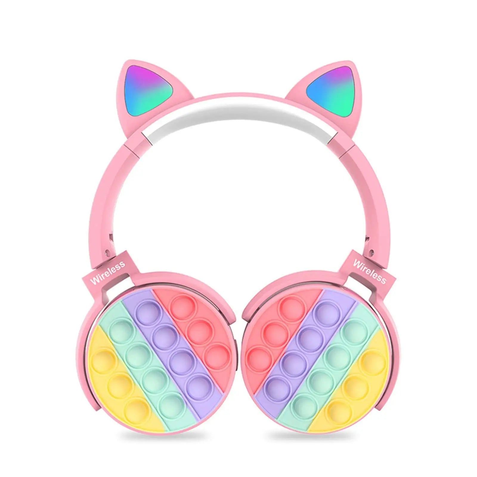 Fidget Headphones Kids Toy Headset, Wireless Bluetooth Headphone Pop Bubble On-Ear Headphone Fidget Toy Rainbow Color Fidget Headset for Children Adults (Pink-Cat) - VINE GLOBAL