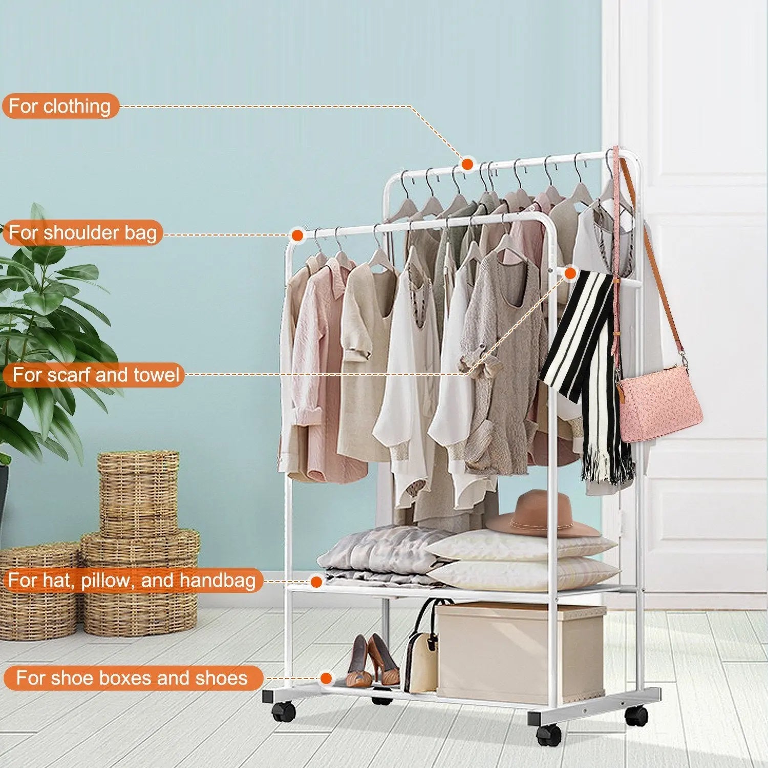Garment Hanging Rack Clothing Hanging Rail Pillow Shoe Display Organizer Stand Rolling Wheel Clothes Organizer - VINE GLOBAL