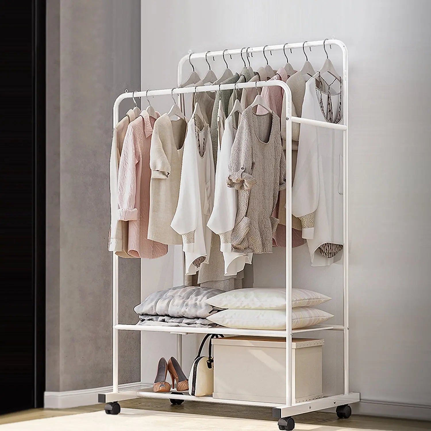 Garment Hanging Rack Clothing Hanging Rail Pillow Shoe Display Organizer Stand Rolling Wheel Clothes Organizer - VINE GLOBAL