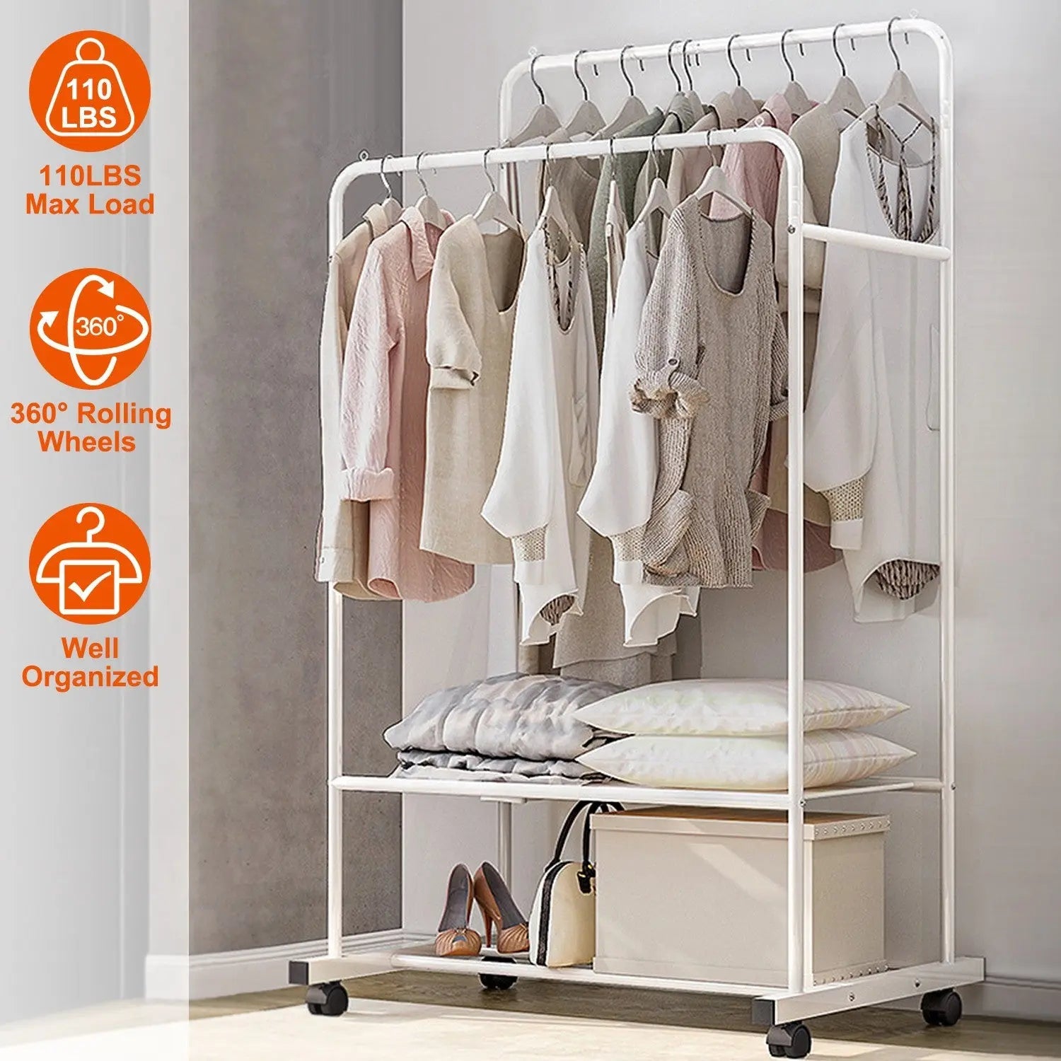 Garment Hanging Rack Clothing Hanging Rail Pillow Shoe Display Organizer Stand Rolling Wheel Clothes Organizer - VINE GLOBAL