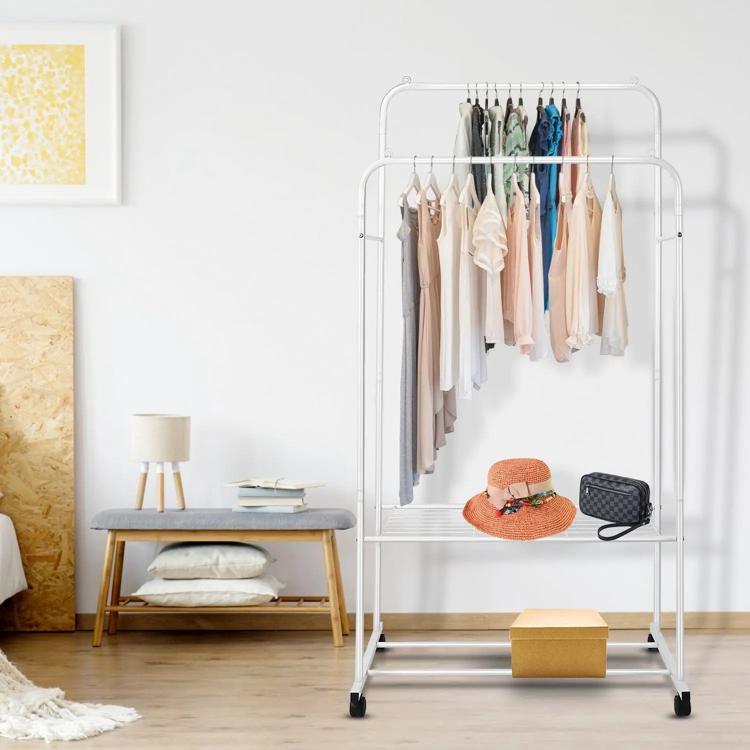 Garment Hanging Rack Clothing Hanging Rail Pillow Shoe Display Organizer Stand Rolling Wheel Clothes Organizer - VINE GLOBAL