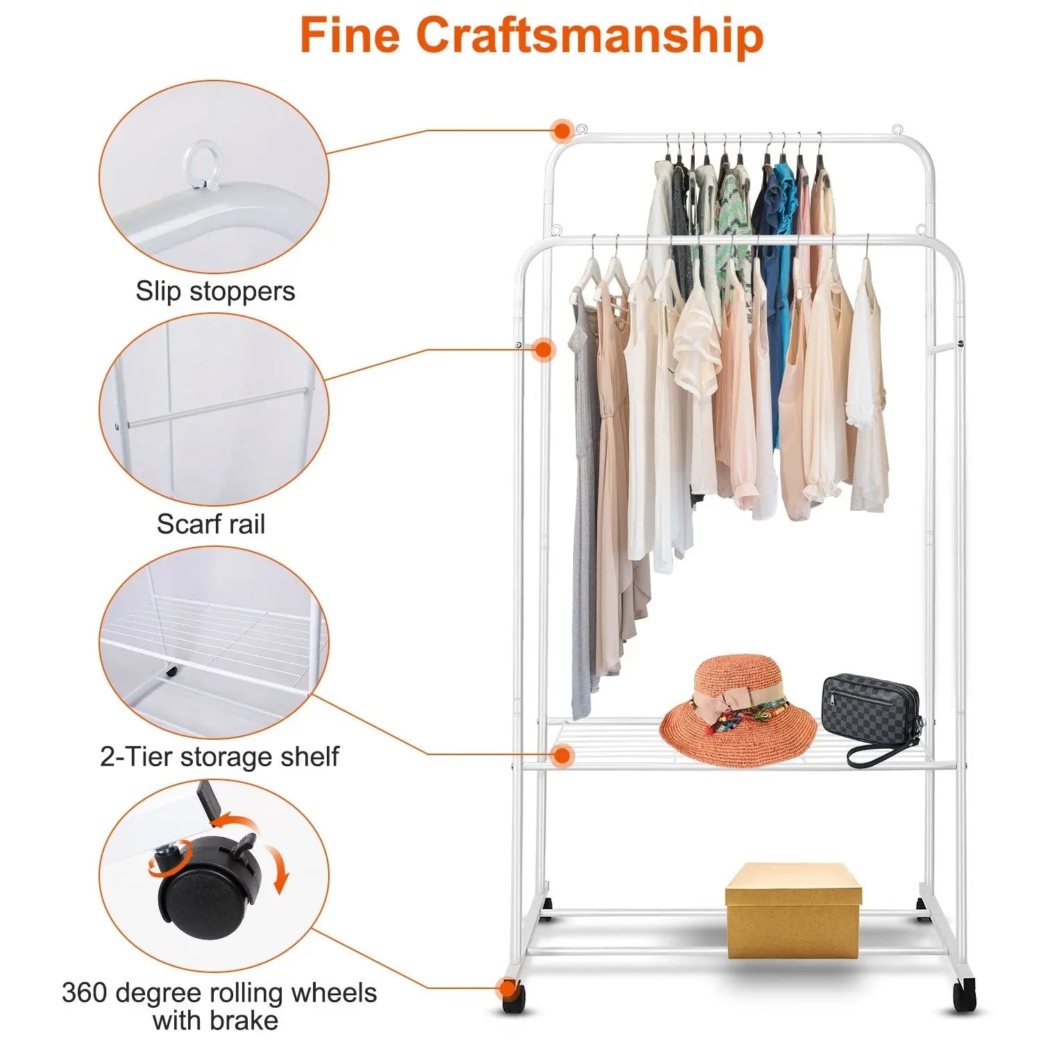 Garment Hanging Rack Clothing Hanging Rail Pillow Shoe Display Organizer Stand Rolling Wheel Clothes Organizer - VINE GLOBAL