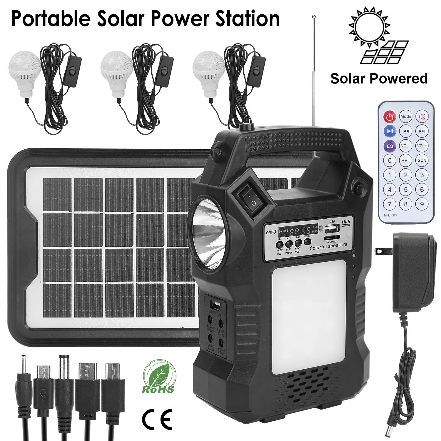 Portable Solar Power Station Rechargeable Backup Power Bank w/Flashlight 3 Lighting Bulbs For Camping Outage Garden Lamp - VINE GLOBAL