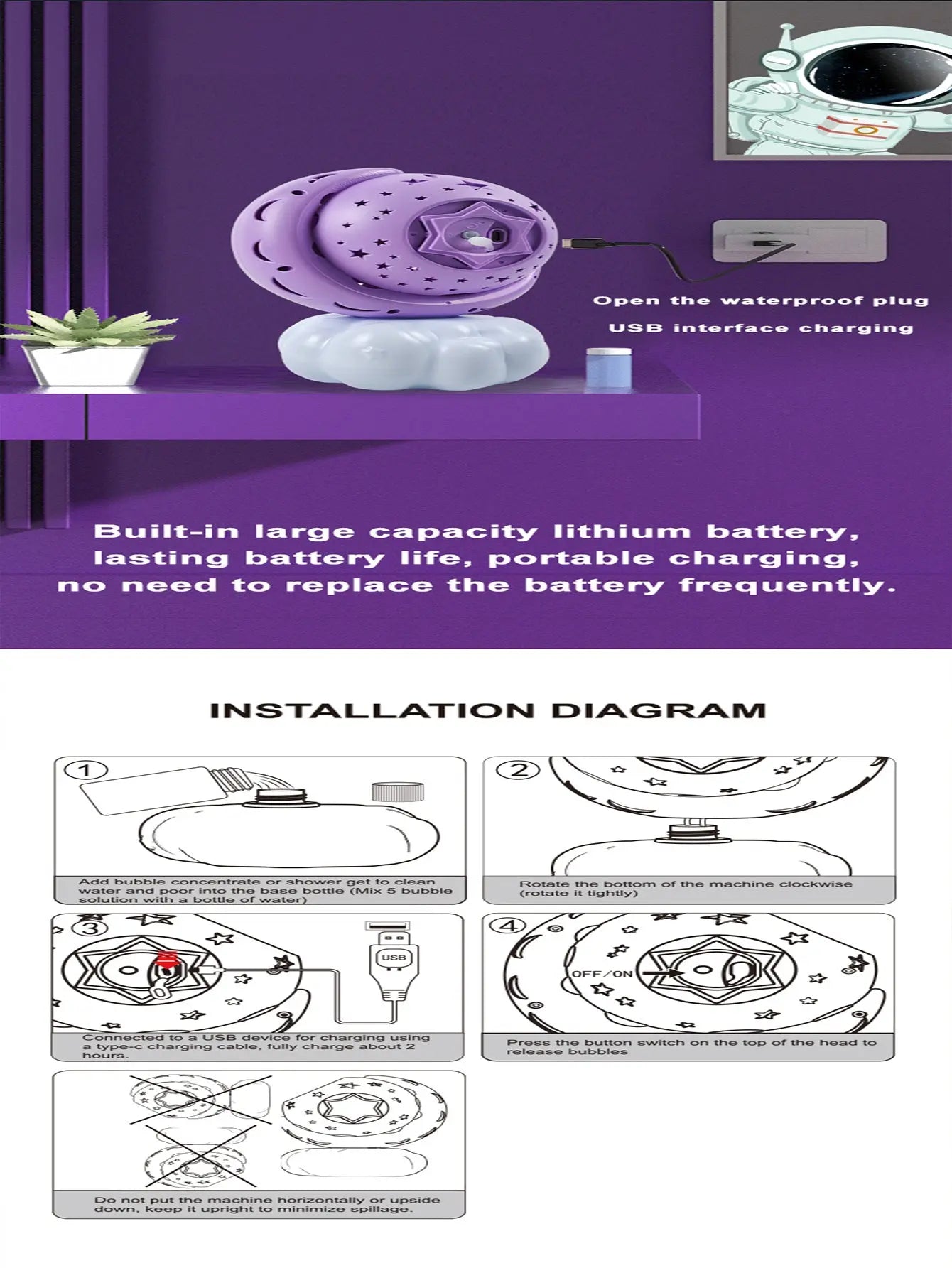 Planet Cloud Moon bubble machine, suitable for children over 3 years old | 18000 + bubbles per minute, rechargeable bubble machine, suitable for indoor and outdoor birthdays, weddings, parties - VINE GLOBAL