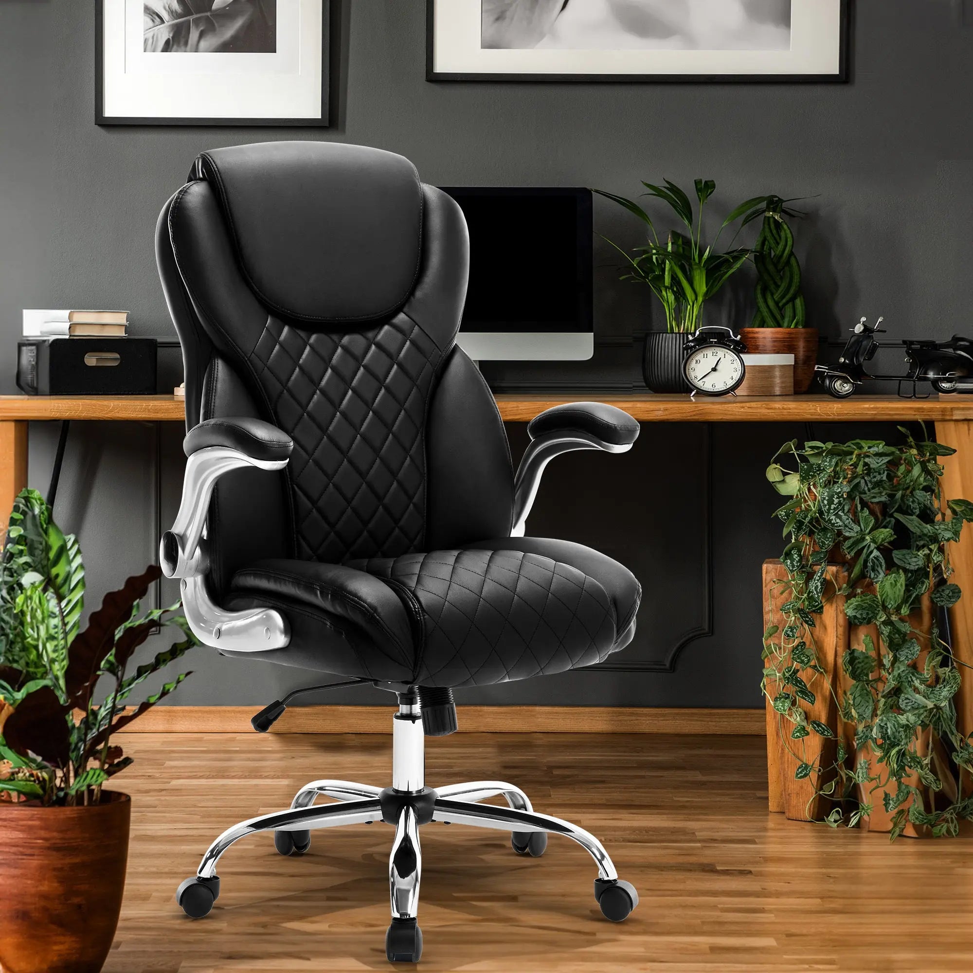 Ergonomic Office Chair With Flip-Up Armrests And Wheels, Leather Rocking Executive Office Chair, Black - VINE GLOBAL