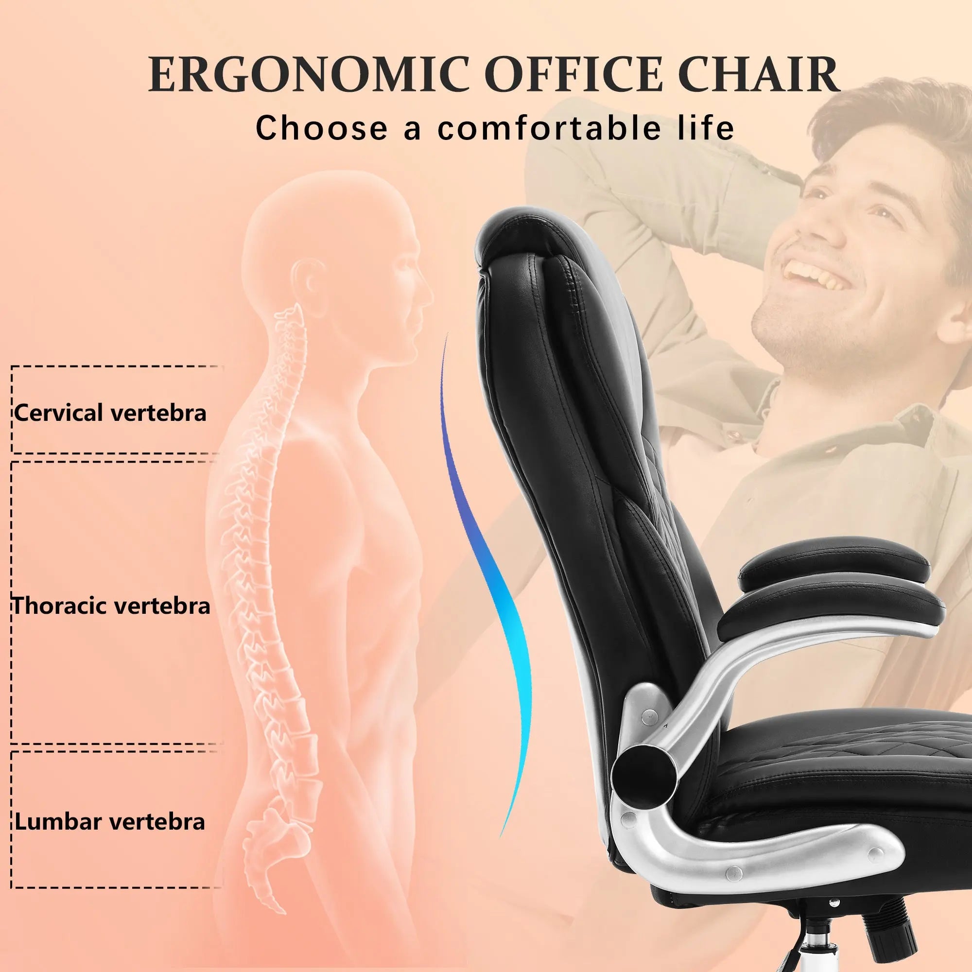 Ergonomic Office Chair With Flip-Up Armrests And Wheels, Leather Rocking Executive Office Chair, Black - VINE GLOBAL