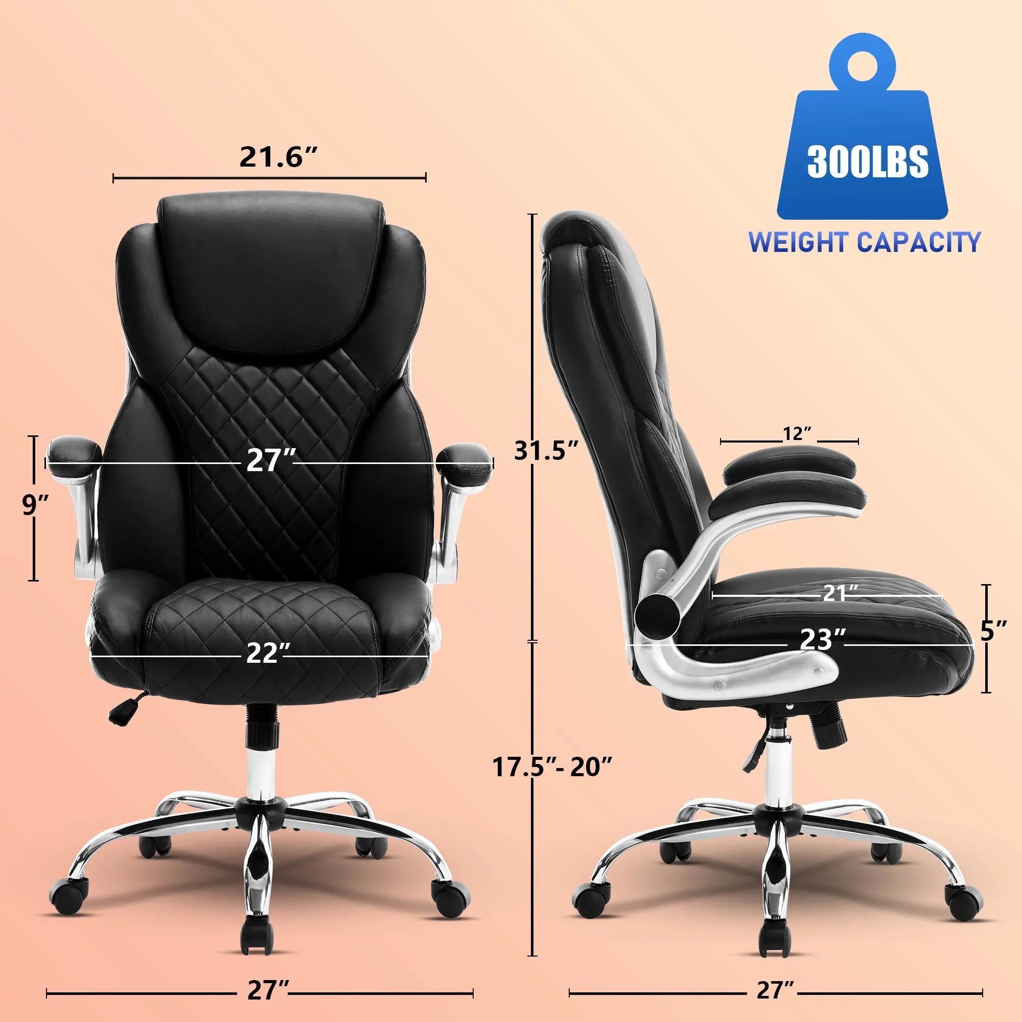 Ergonomic Office Chair With Flip-Up Armrests And Wheels, Leather Rocking Executive Office Chair, Black - VINE GLOBAL