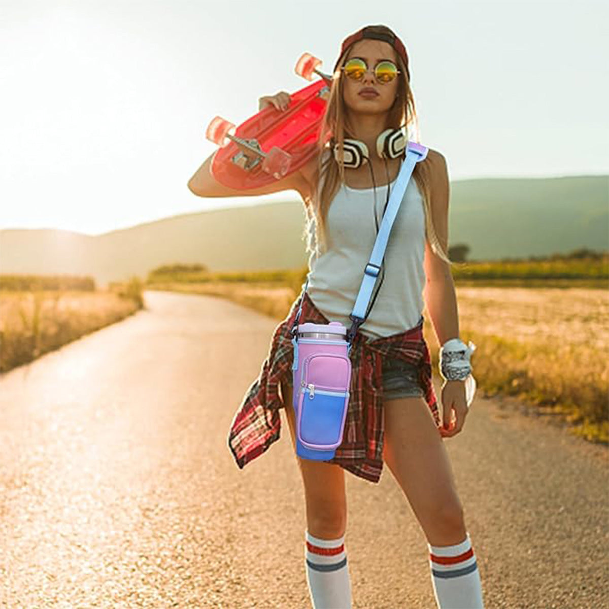 Water Bottle Carrier Bag Fit For 40oz Tumbler With Handle, Water Bottle Holder Bag With Adjustable Shoulder Strap For Hiking Travelling Camping - VINE GLOBAL