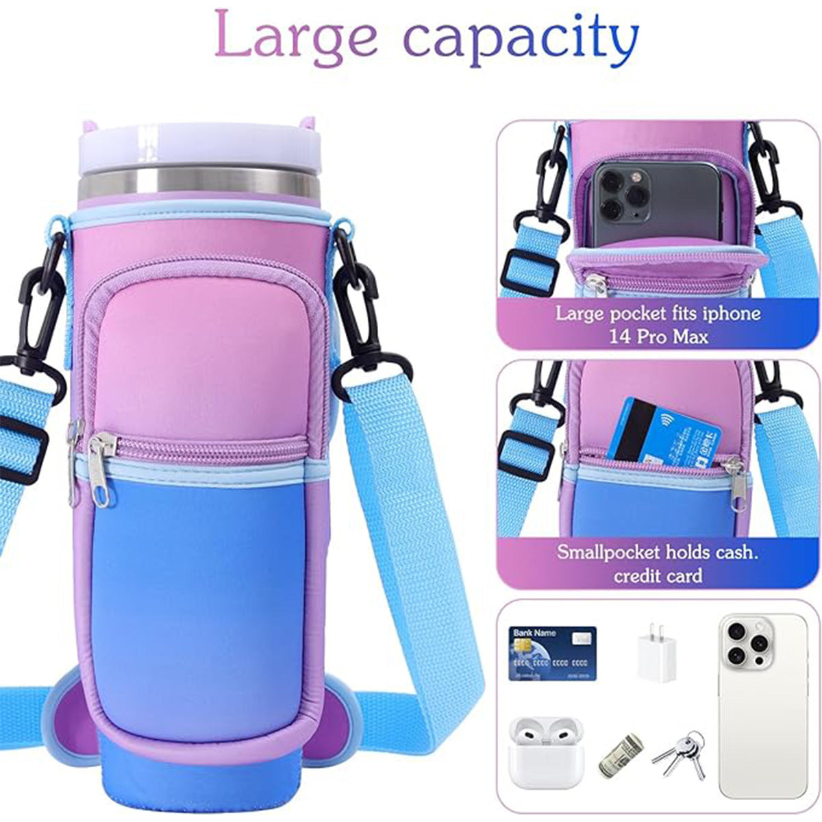 Water Bottle Carrier Bag Fit For 40oz Tumbler With Handle, Water Bottle Holder Bag With Adjustable Shoulder Strap For Hiking Travelling Camping - VINE GLOBAL
