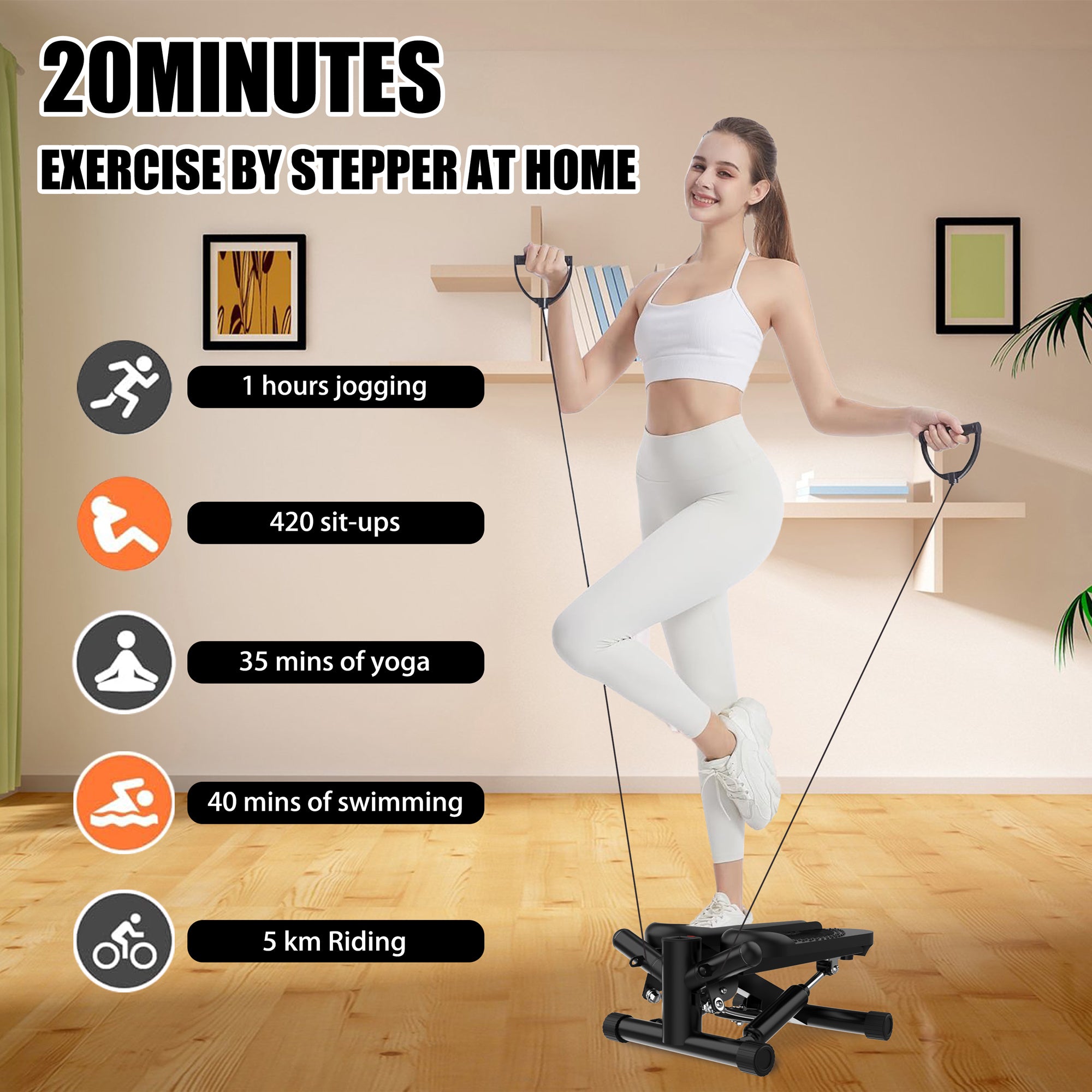 Steppers for Exercise - Mini Stair Stepper Machine with Resistance Bands 330lbs Twist Stepper Portable Exercise Equipment for Full Body Workout-Black - VINE GLOBAL