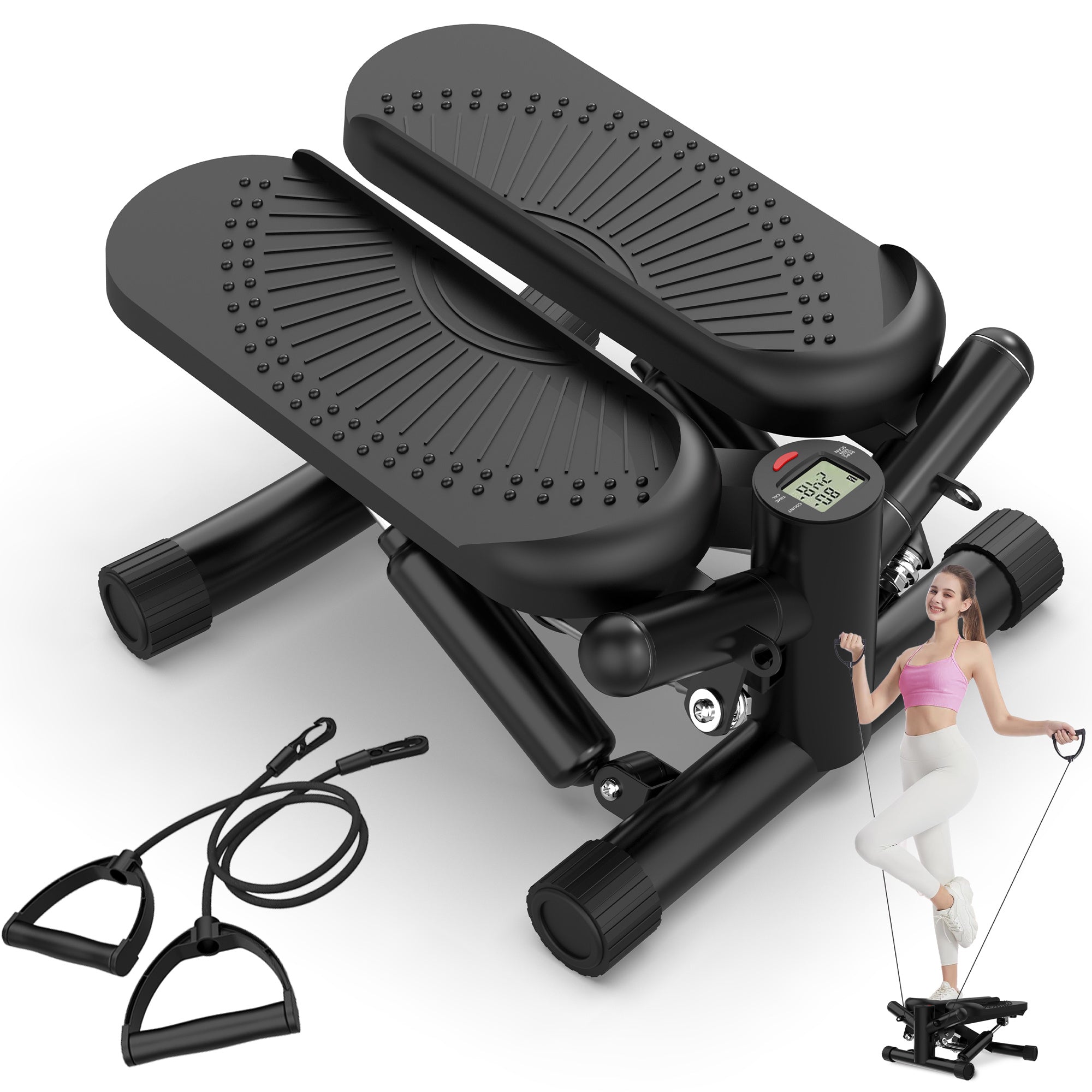 Steppers for Exercise - Mini Stair Stepper Machine with Resistance Bands 330lbs Twist Stepper Portable Exercise Equipment for Full Body Workout-Black - VINE GLOBAL