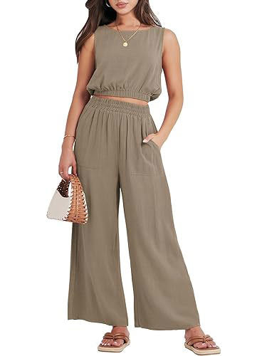 Casual Solid Color Pantsuits, Sleeveless Elastic Hem Crop Tank Top & Wide Leg Pocket Pants Outfits, Women's Clothing - VINE GLOBAL