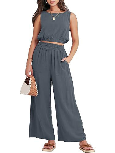 Casual Solid Color Pantsuits, Sleeveless Elastic Hem Crop Tank Top & Wide Leg Pocket Pants Outfits, Women's Clothing - VINE GLOBAL